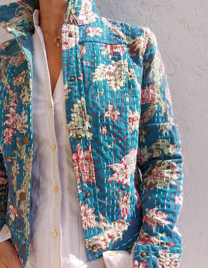 Teal and pink cotton denim-style jacket