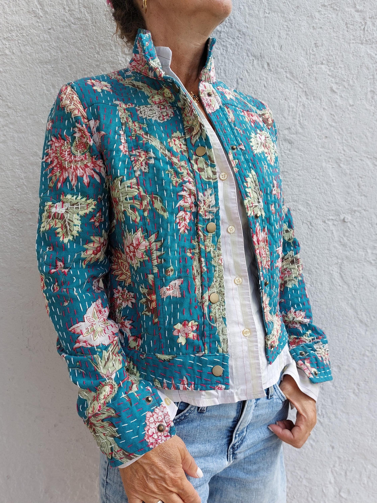 Teal and pink cotton denim-style jacket