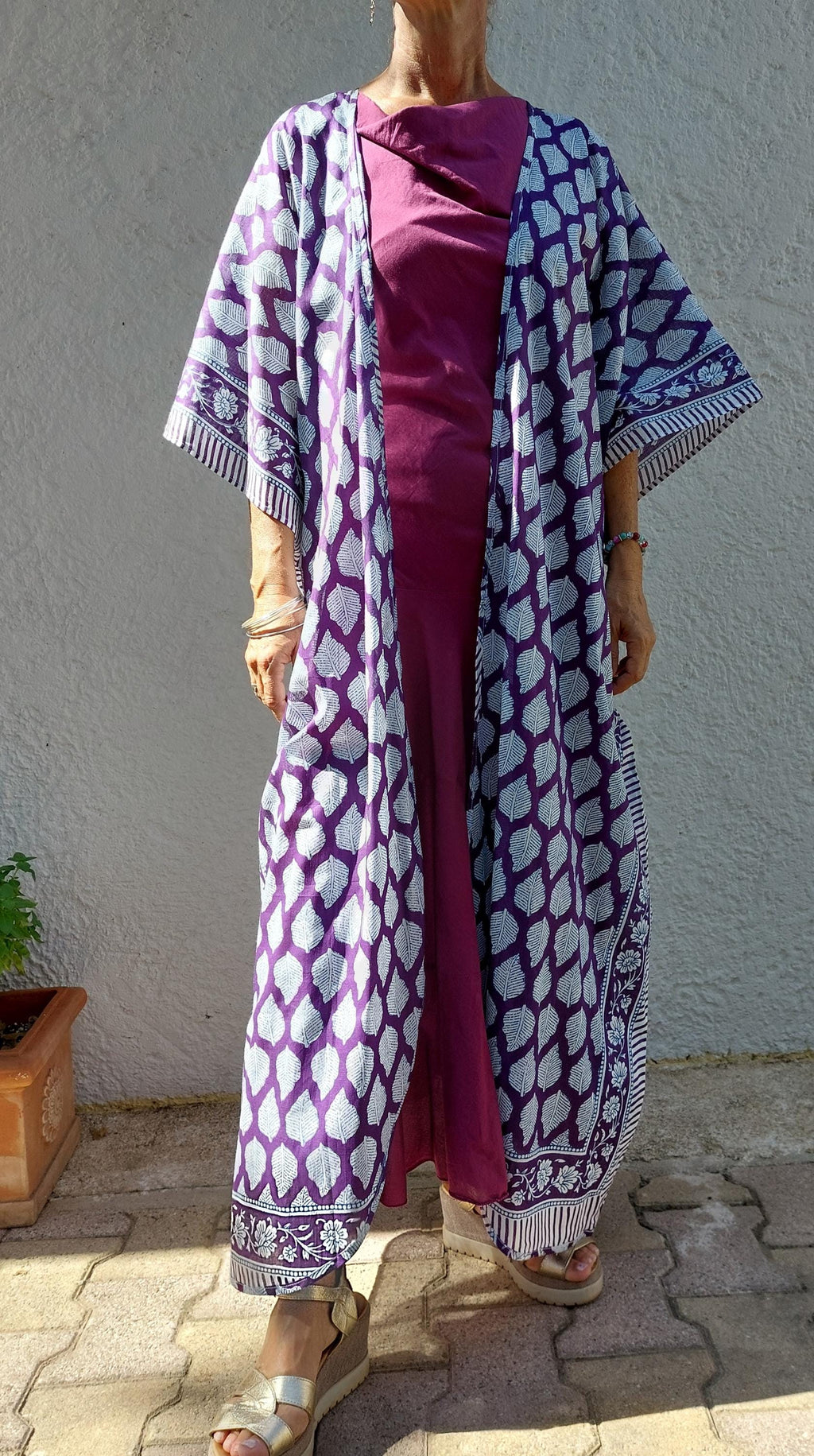 unique piece beach cover up in soft cotton, summer outfit, exclusive design, tiny long belt, bright purple print, long kimono, chic bathrobe
