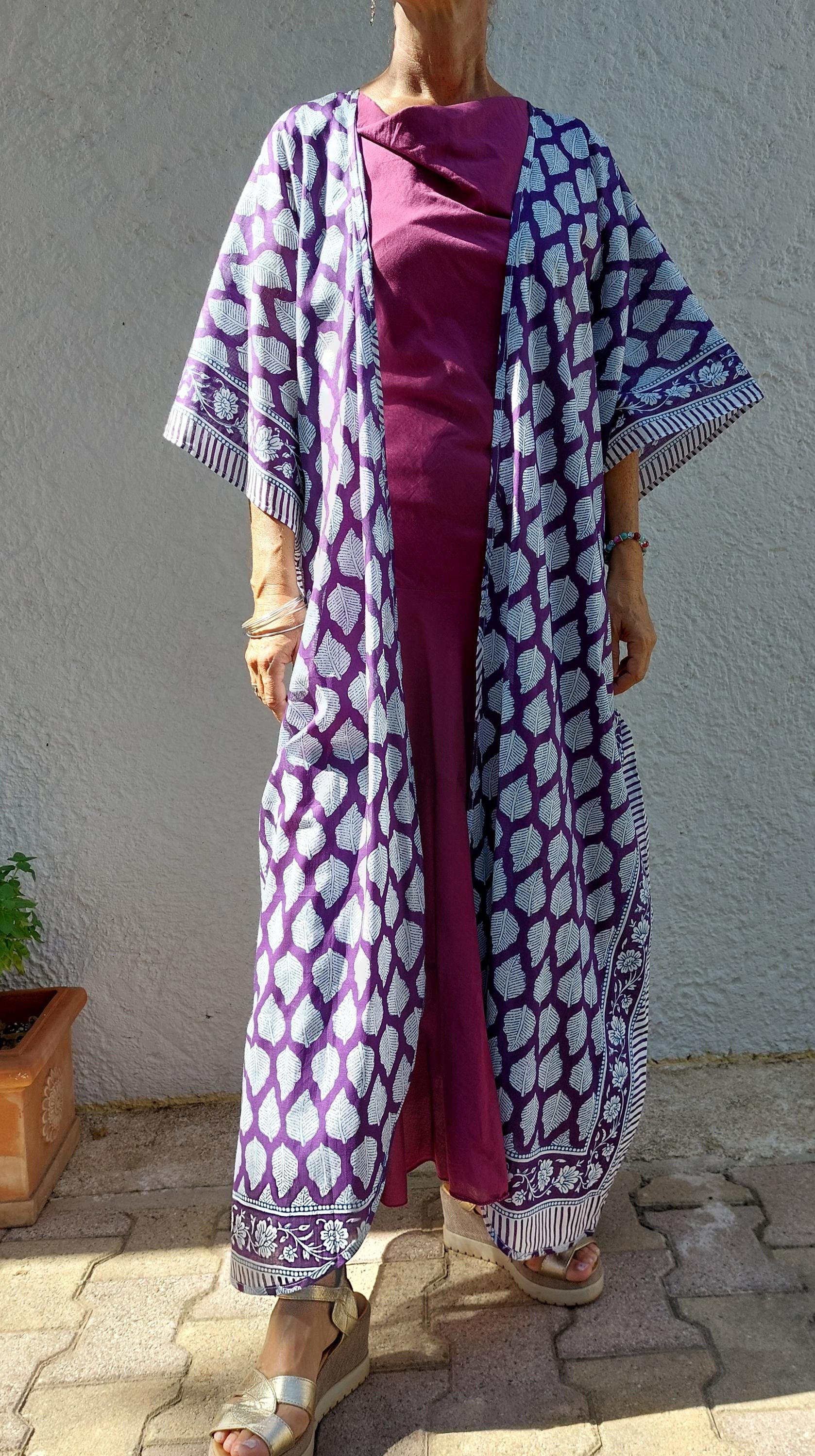 unique piece beach cover up in soft cotton, summer outfit, exclusive design, tiny long belt, bright purple print, long kimono, chic bathrobe