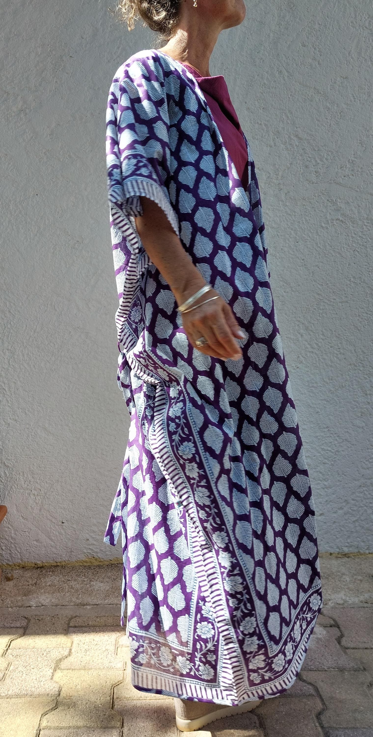 unique piece beach cover up in soft cotton, summer outfit, exclusive design, tiny long belt, bright purple print, long kimono, chic bathrobe