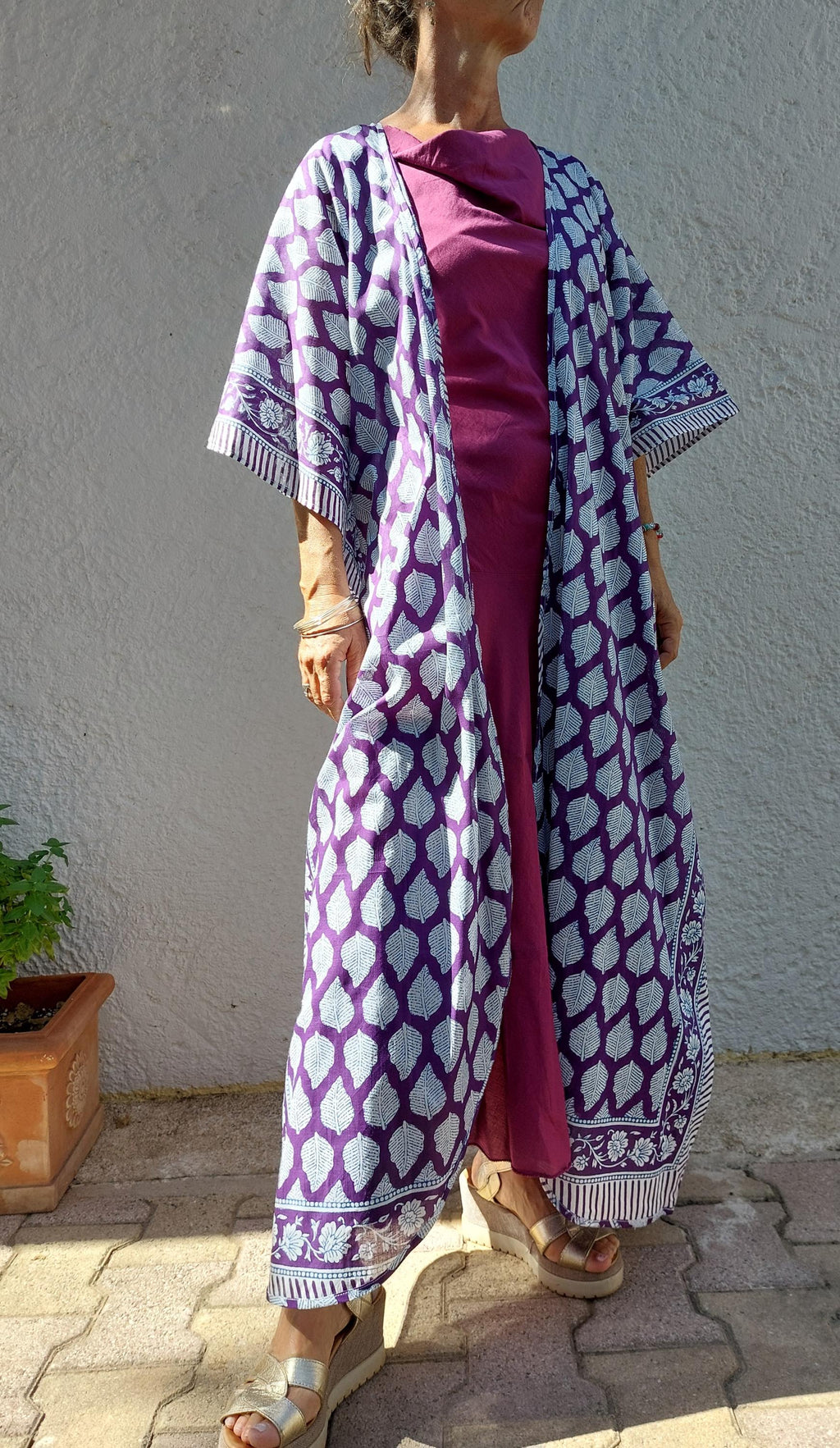 unique piece beach cover up in soft cotton, summer outfit, exclusive design, tiny long belt, bright purple print, long kimono, chic bathrobe