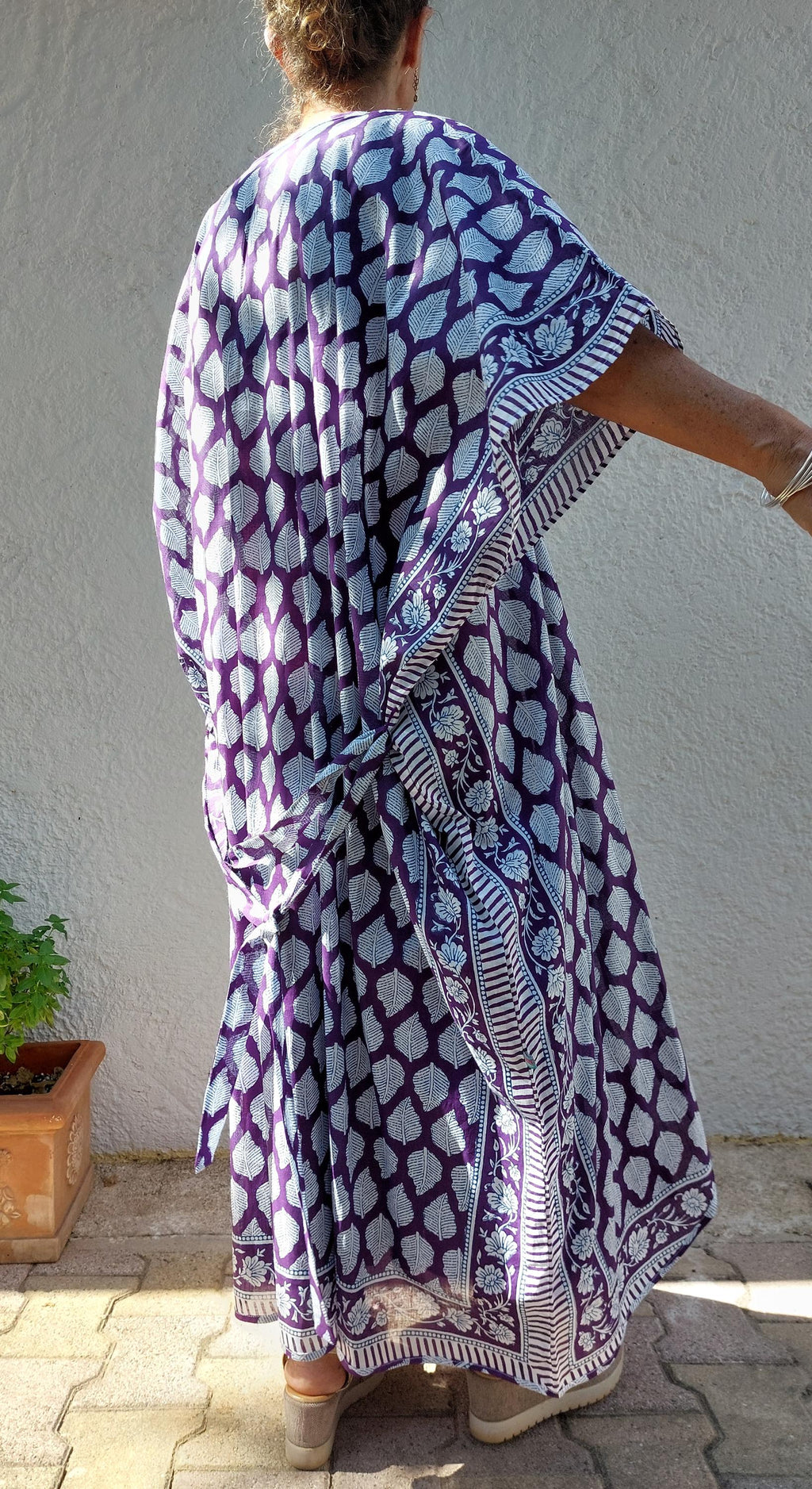 unique piece beach cover up in soft cotton, summer outfit, exclusive design, tiny long belt, bright purple print, long kimono, chic bathrobe