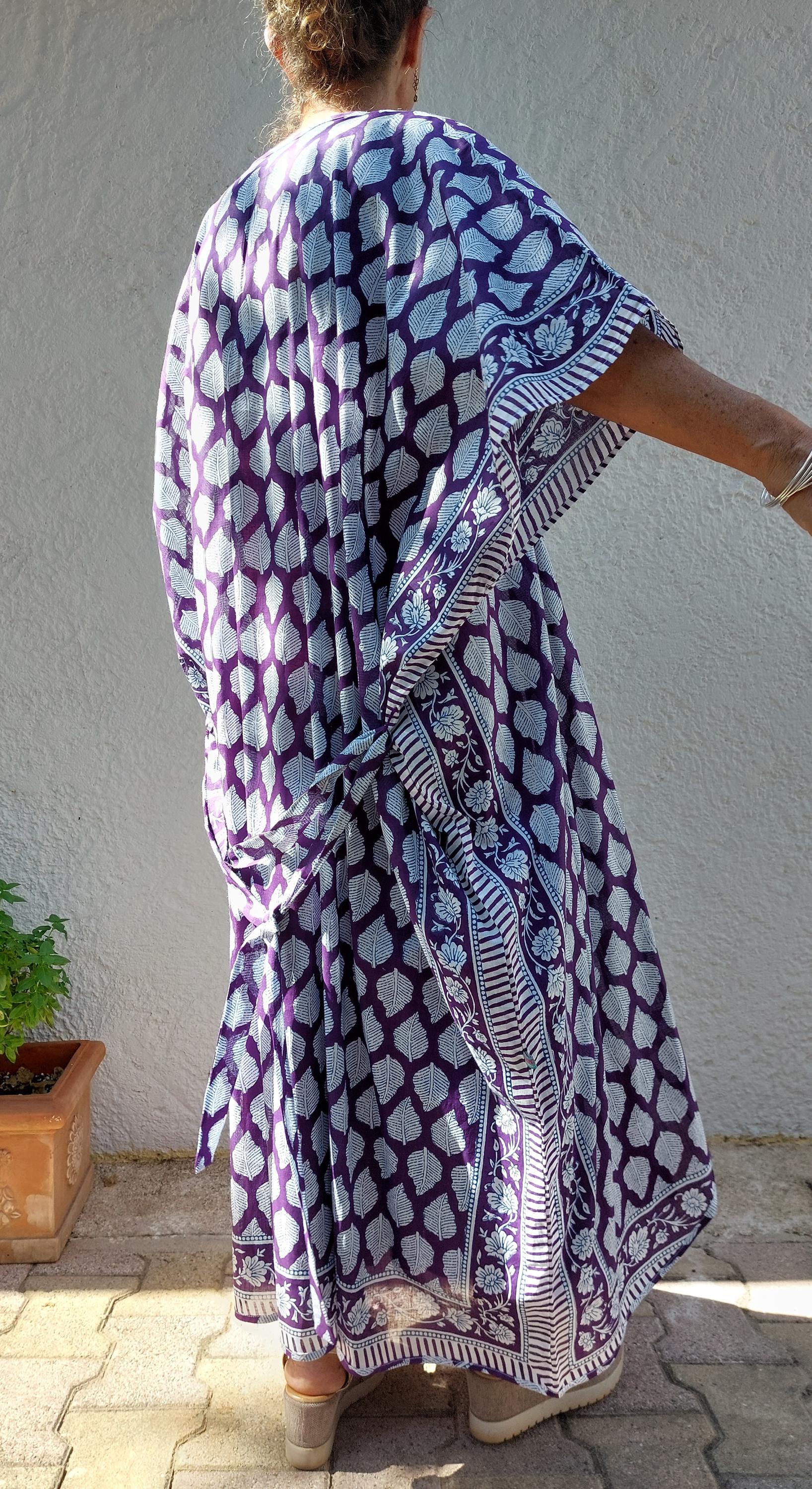 unique piece beach cover up in soft cotton, summer outfit, exclusive design, tiny long belt, bright purple print, long kimono, chic bathrobe