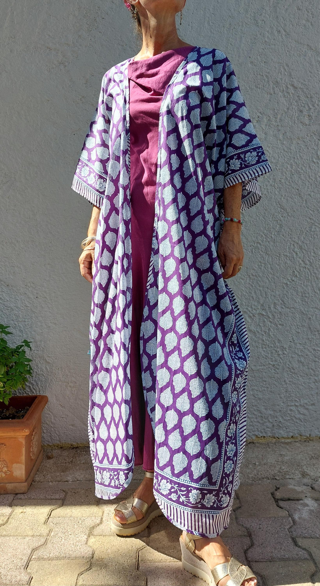 unique piece beach cover up in soft cotton, summer outfit, exclusive design, tiny long belt, bright purple print, long kimono, chic bathrobe