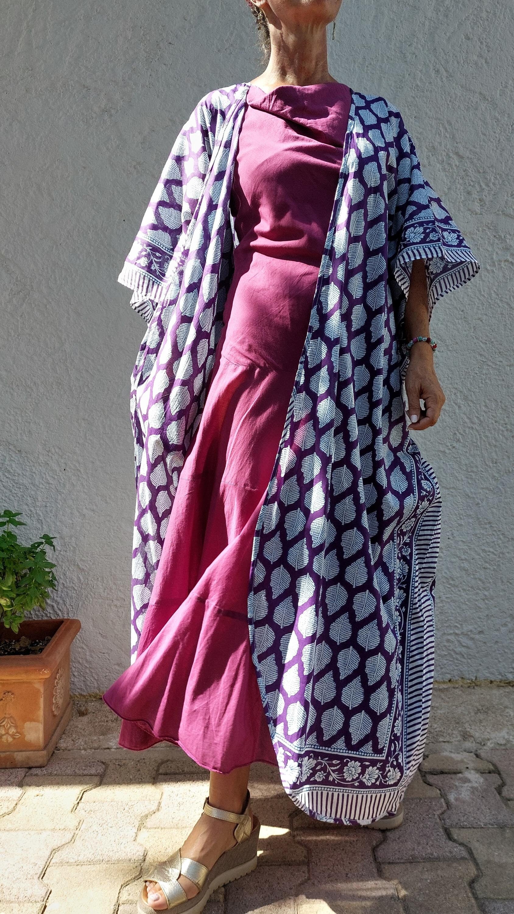 unique piece beach cover up in soft cotton, summer outfit, exclusive design, tiny long belt, bright purple print, long kimono, chic bathrobe