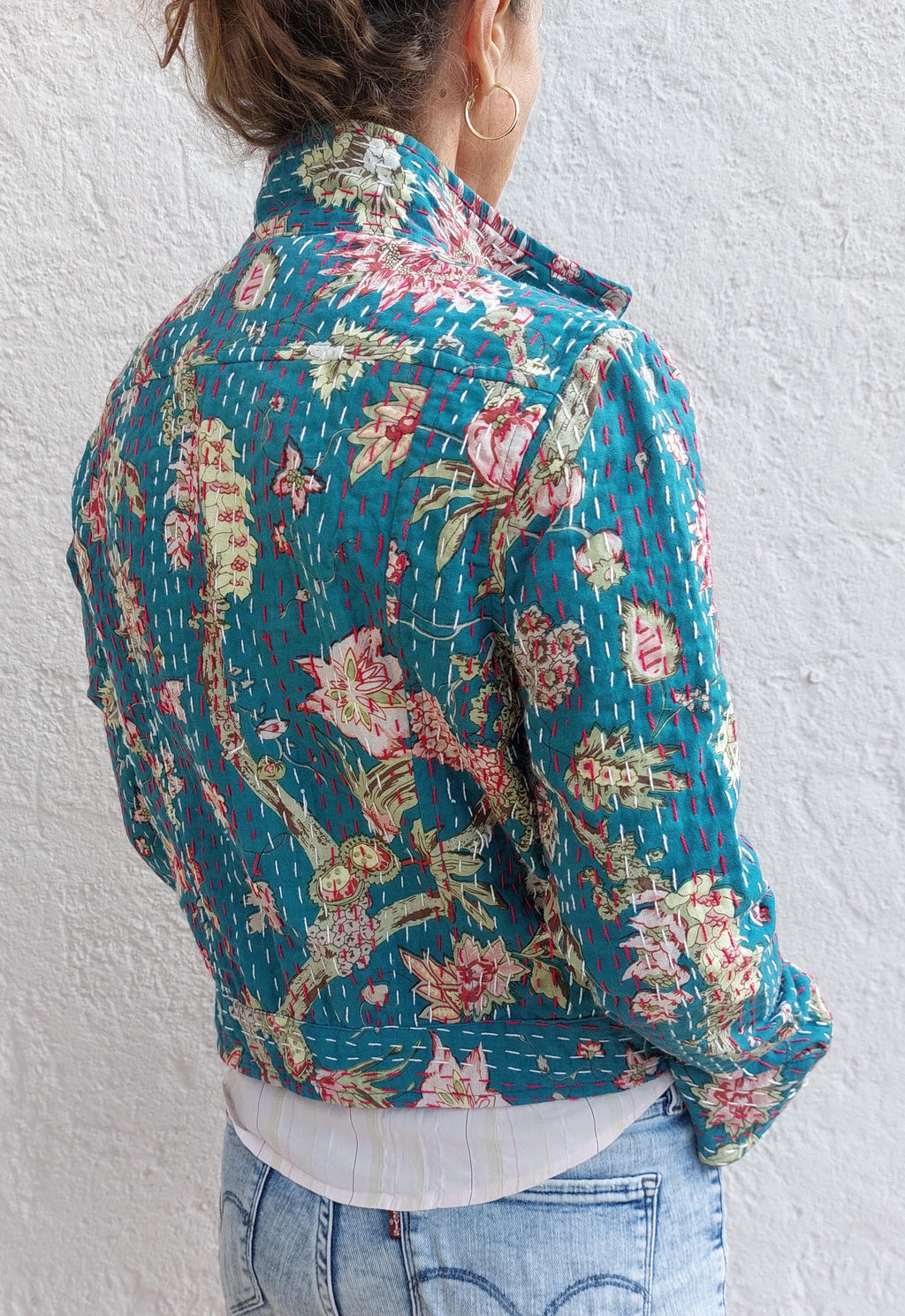 jeans jacket shape in cotton not quilted,teal color and floral pink pattern,bohochic jacket,spring outfit