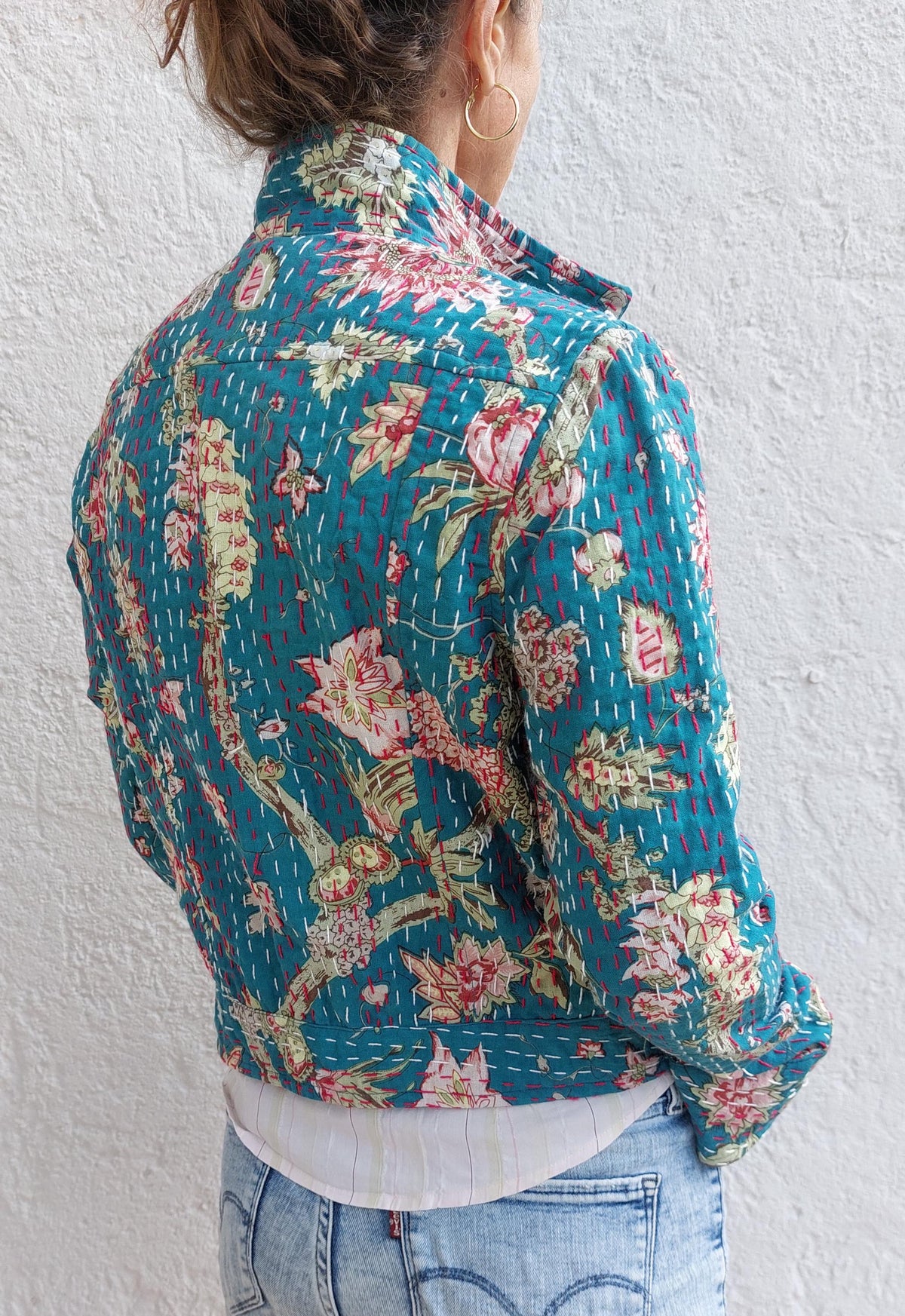 Teal and pink cotton denim-style jacket