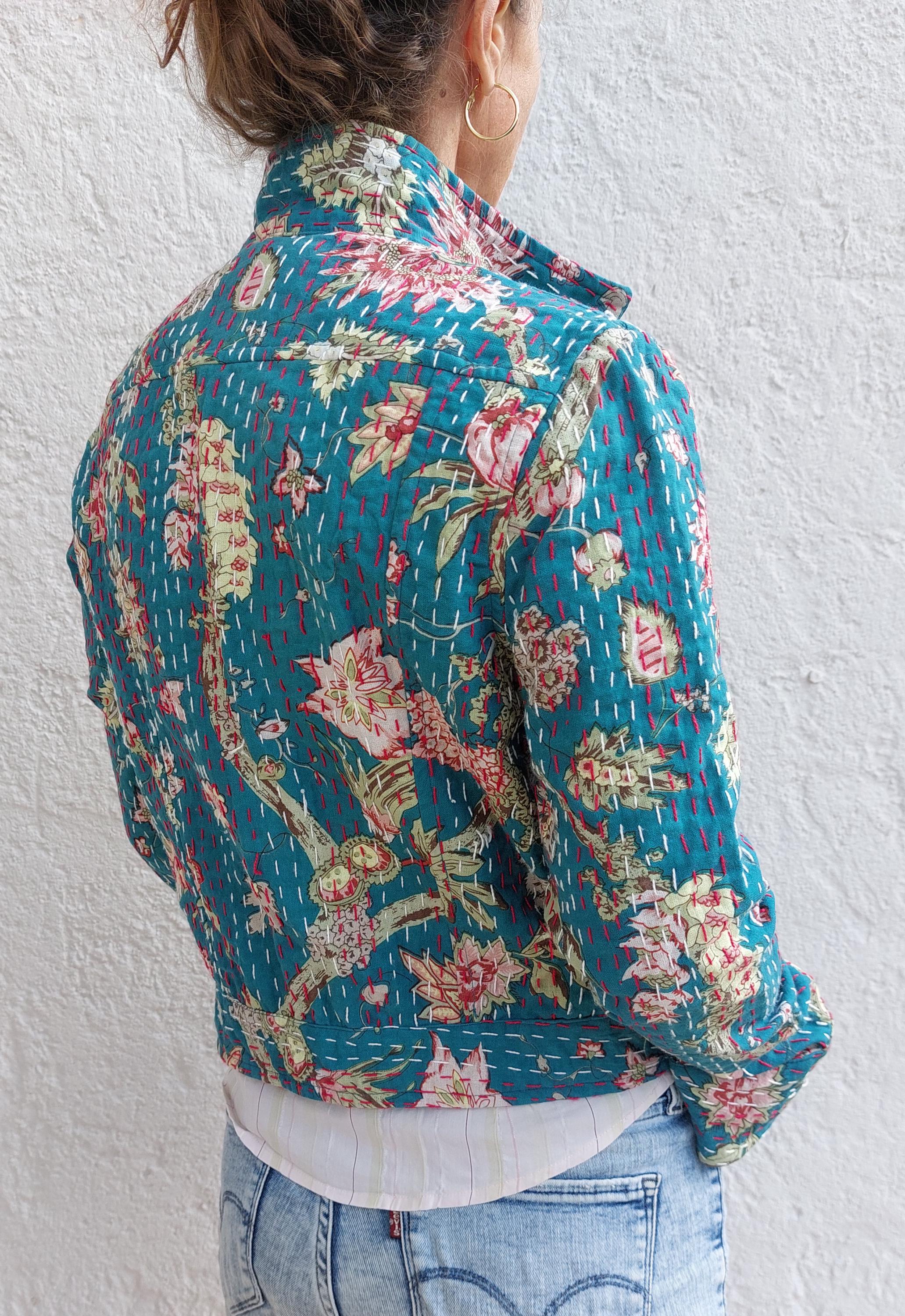 jeans jacket shape in cotton not quilted,teal color and floral pink pattern,bohochic jacket,spring outfit