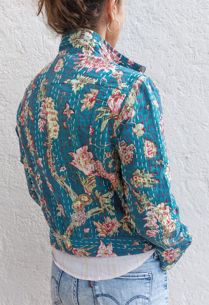Teal and pink cotton denim-style jacket