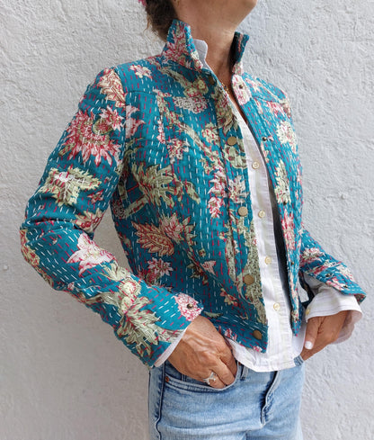 Teal and pink cotton denim-style jacket