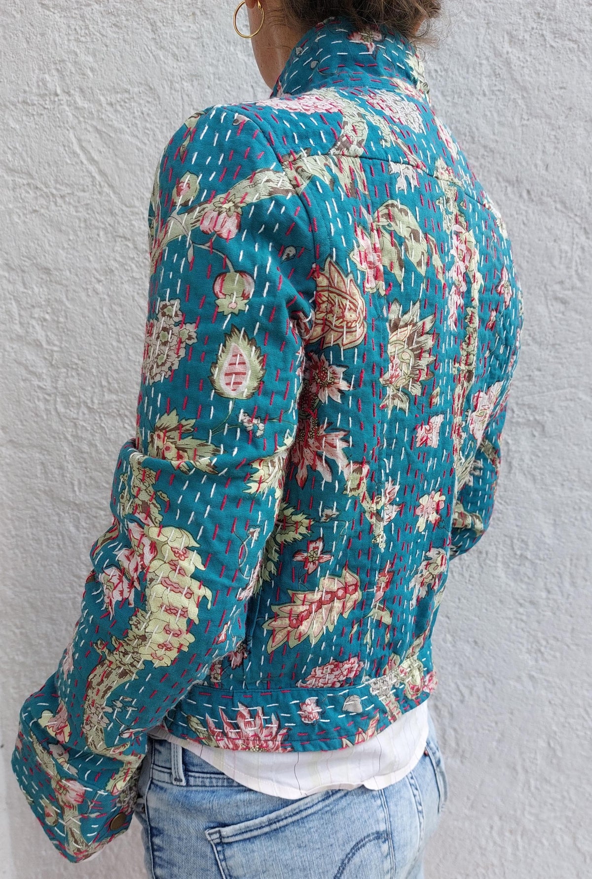Teal and pink cotton denim-style jacket