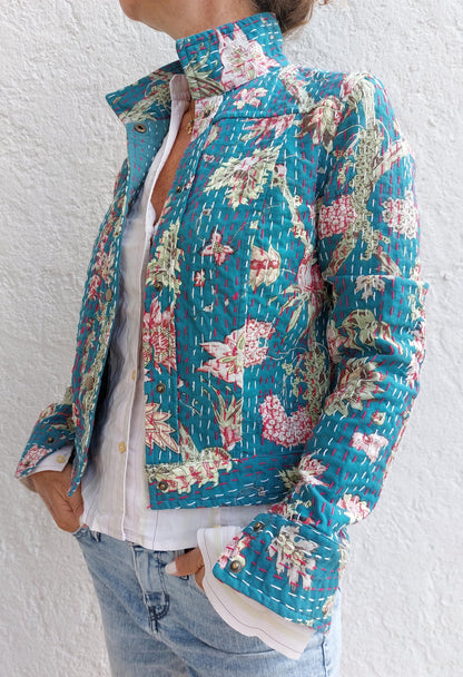 Teal and pink cotton denim-style jacket