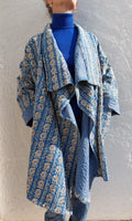 Unique Oversized Cotton Jacket – Blue Beige Paisley Print Coat, Hippie Chic Boho Jacket, Large Collar & Wide Sleeve Statement Jacket
