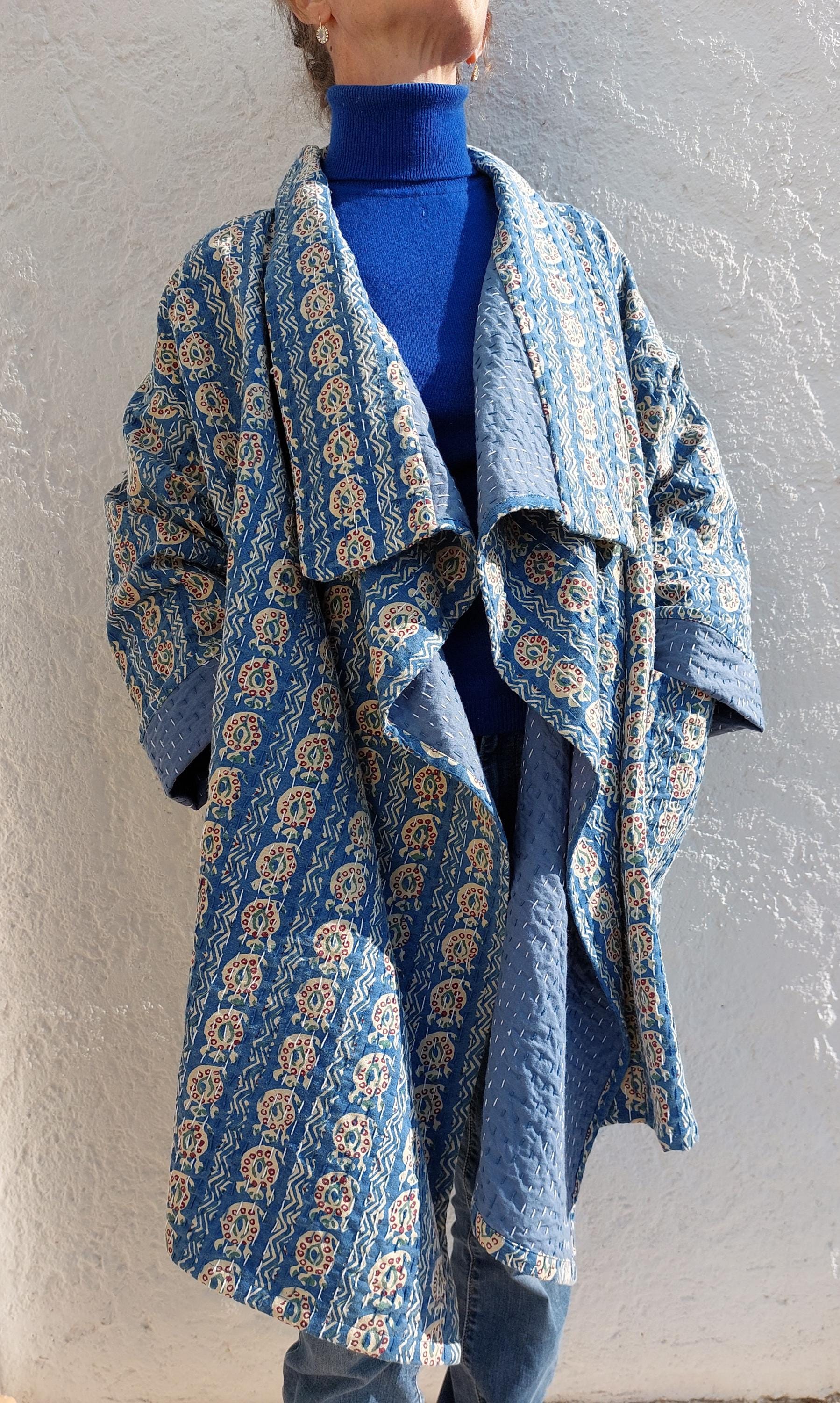 Unique Oversized Cotton Jacket – Blue Beige Paisley Print Coat, Hippie Chic Boho Jacket, Large Collar & Wide Sleeve Statement Jacket