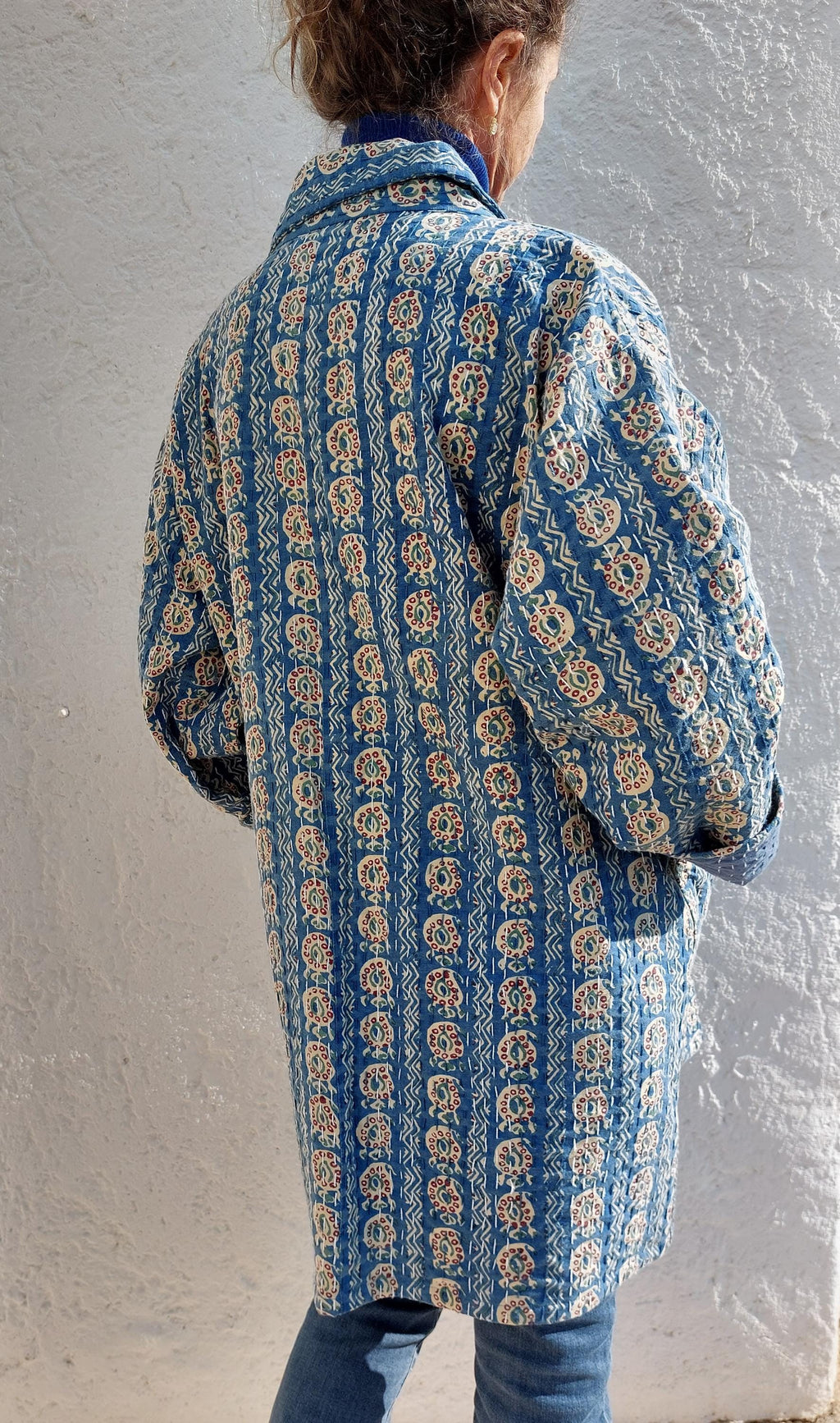 Unique Oversized Cotton Jacket – Blue Beige Paisley Print Coat, Hippie Chic Boho Jacket, Large Collar & Wide Sleeve Statement Jacket