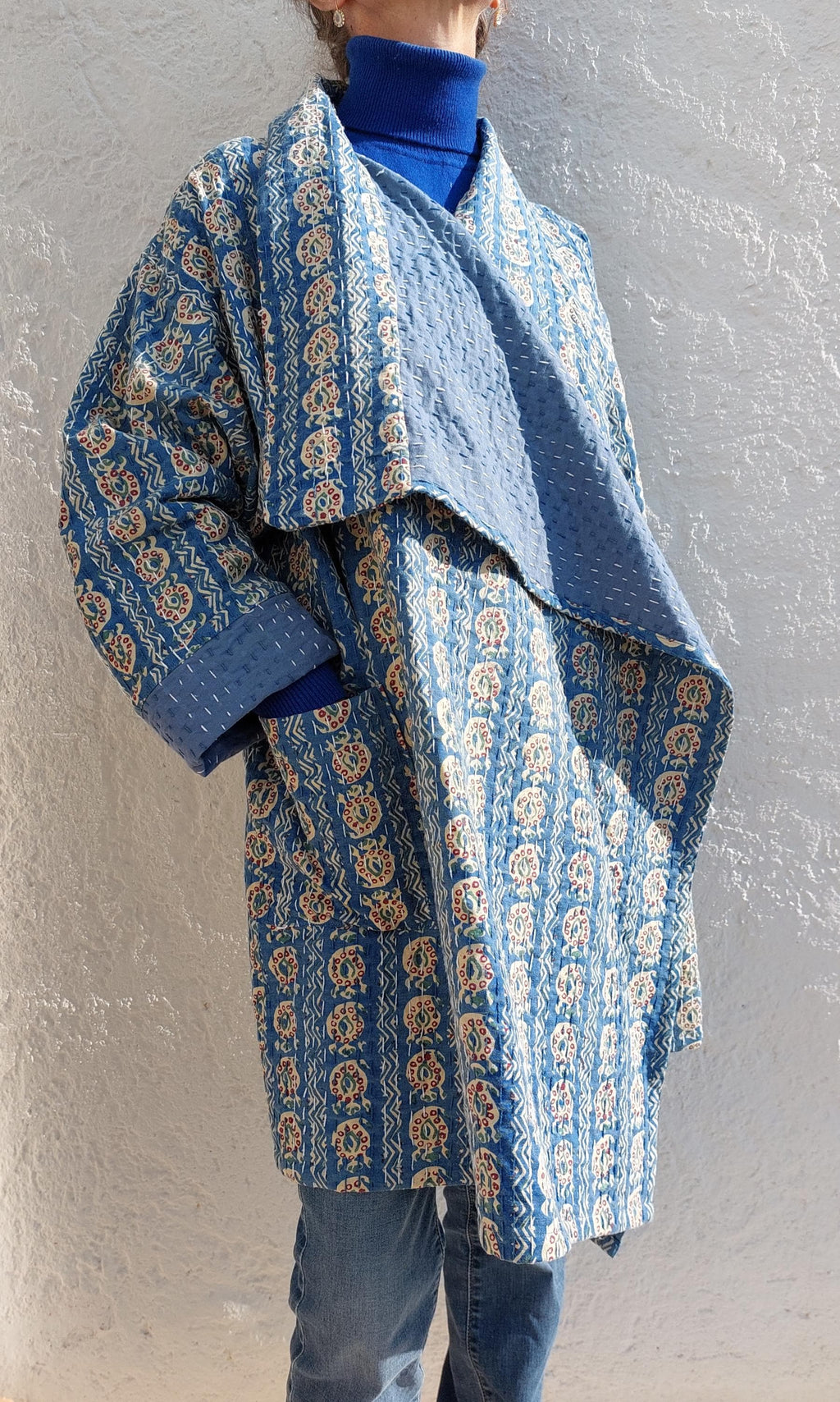 Unique Oversized Cotton Jacket – Blue Beige Paisley Print Coat, Hippie Chic Boho Jacket, Large Collar & Wide Sleeve Statement Jacket