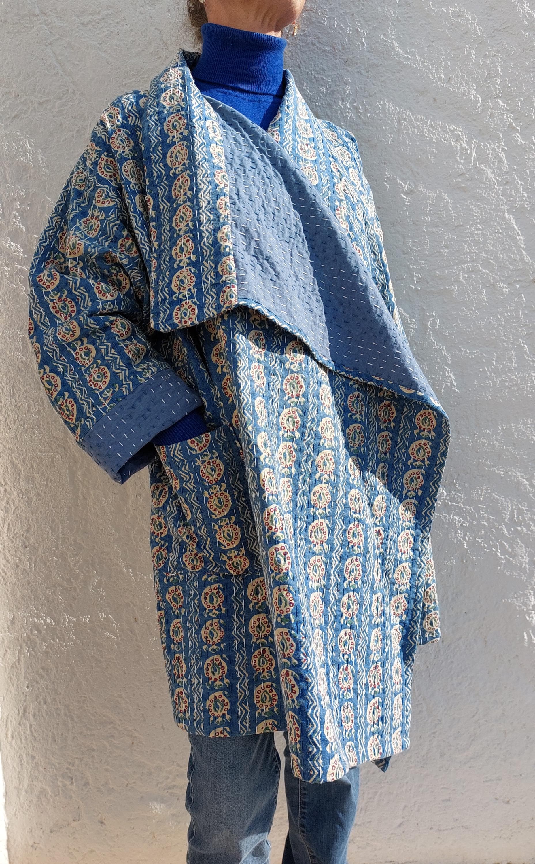 Unique Oversized Cotton Jacket – Blue Beige Paisley Print Coat, Hippie Chic Boho Jacket, Large Collar & Wide Sleeve Statement Jacket