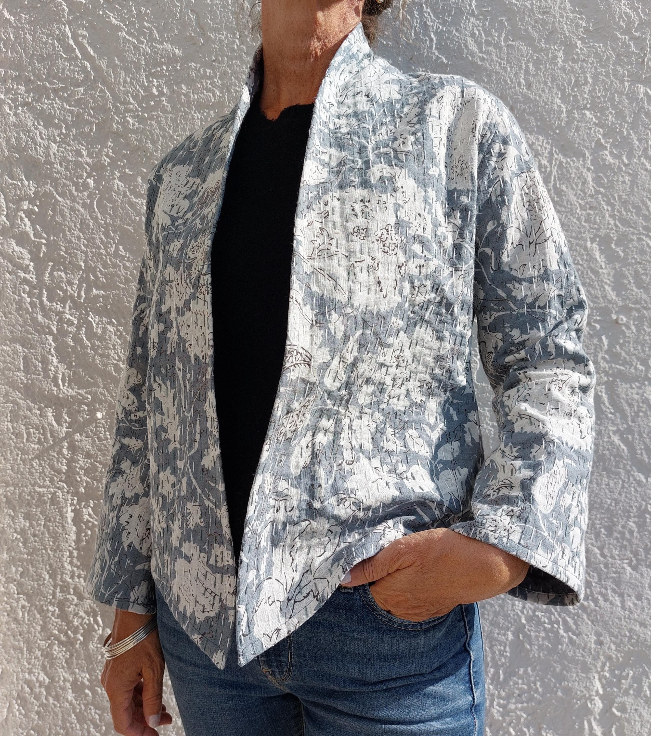 open jacket in cotton not quilted,kimono shape,mid-season cardigan,in the shades of greys,big flowers print,limited series,hand embroidery
