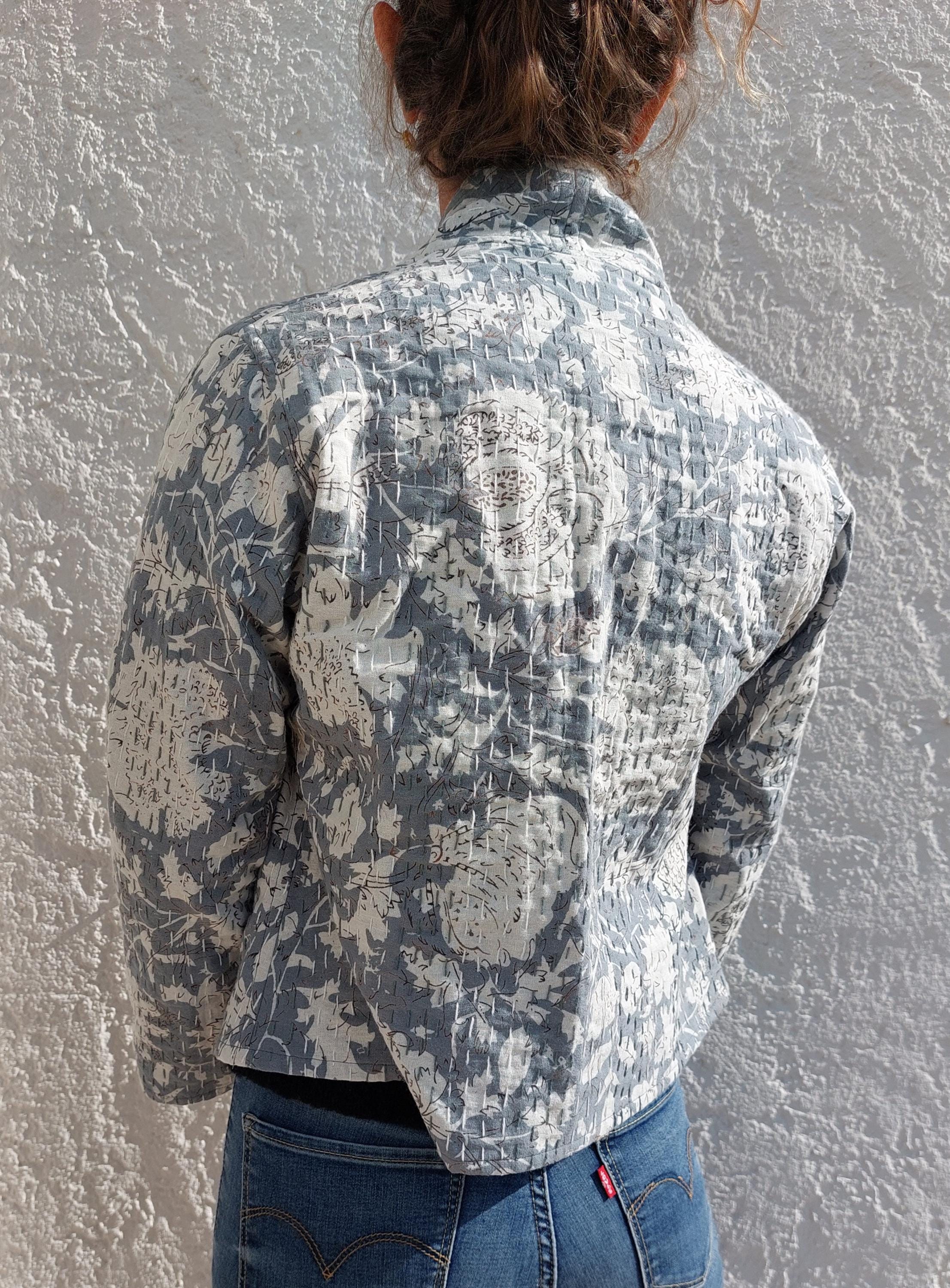 open jacket in cotton not quilted,kimono shape,mid-season cardigan,in the shades of greys,big flowers print,limited series,hand embroidery