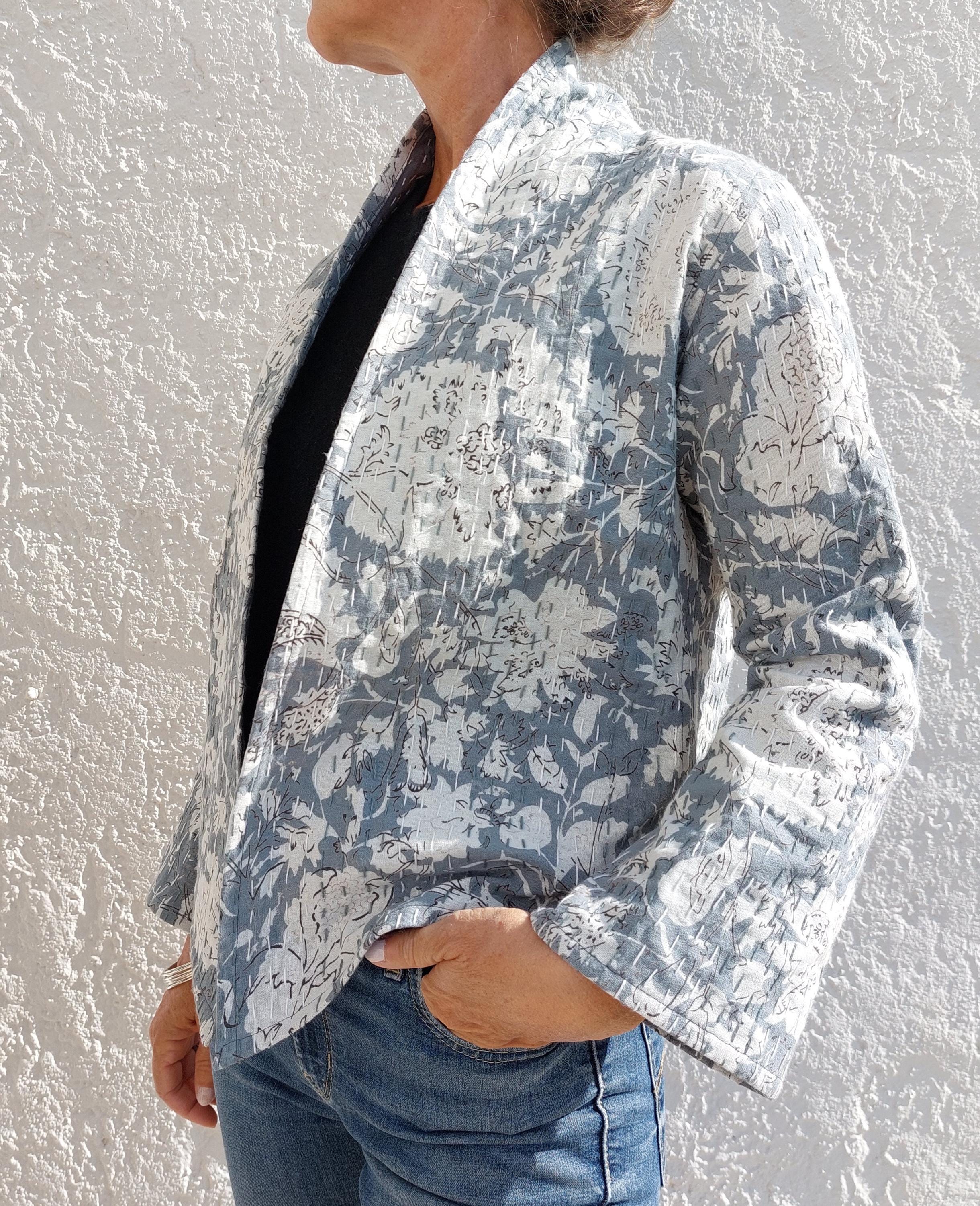 open jacket in cotton not quilted,kimono shape,mid-season cardigan,in the shades of greys,big flowers print,limited series,hand embroidery