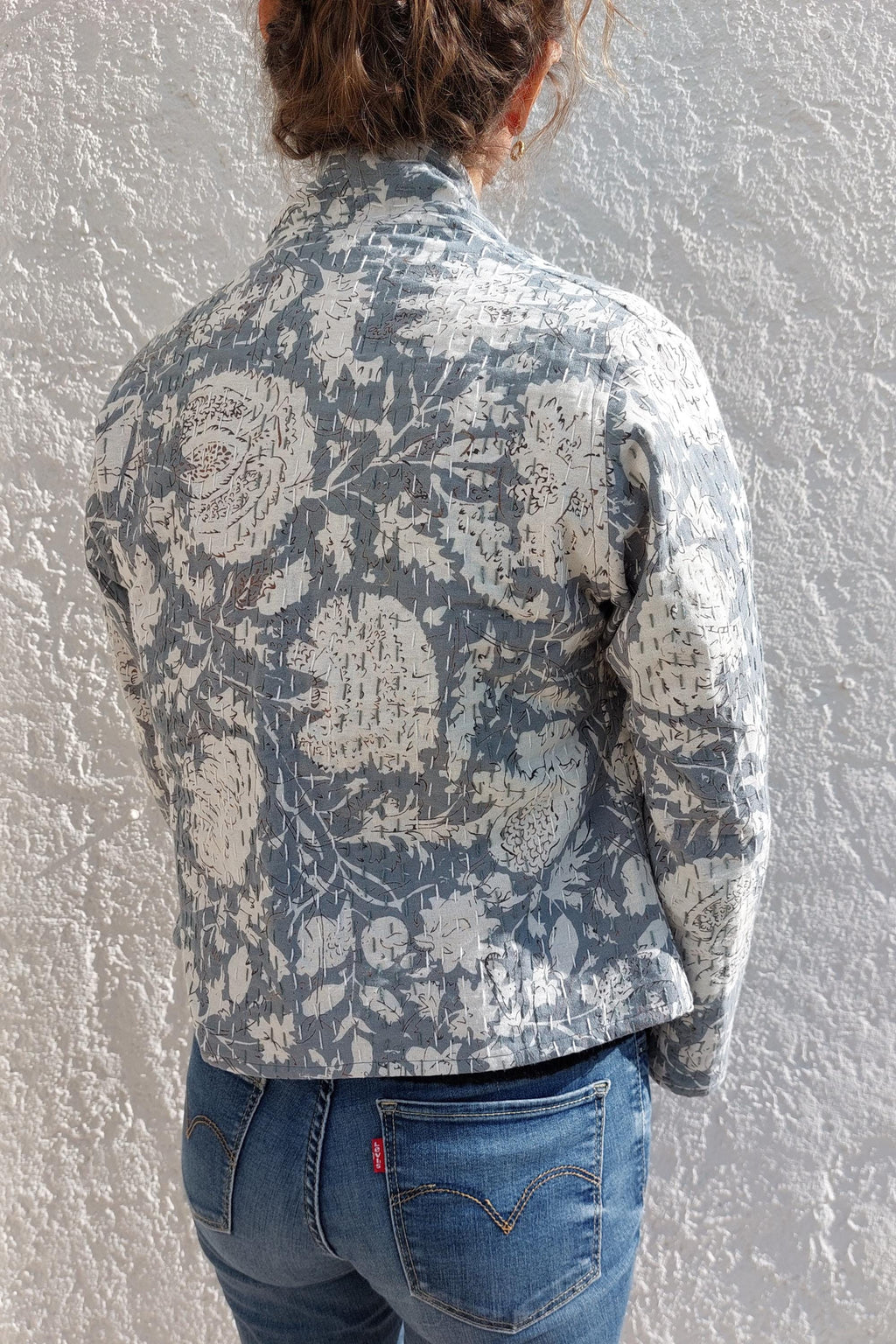 open jacket in cotton not quilted,kimono shape,mid-season cardigan,in the shades of greys,big flowers print,limited series,hand embroidery