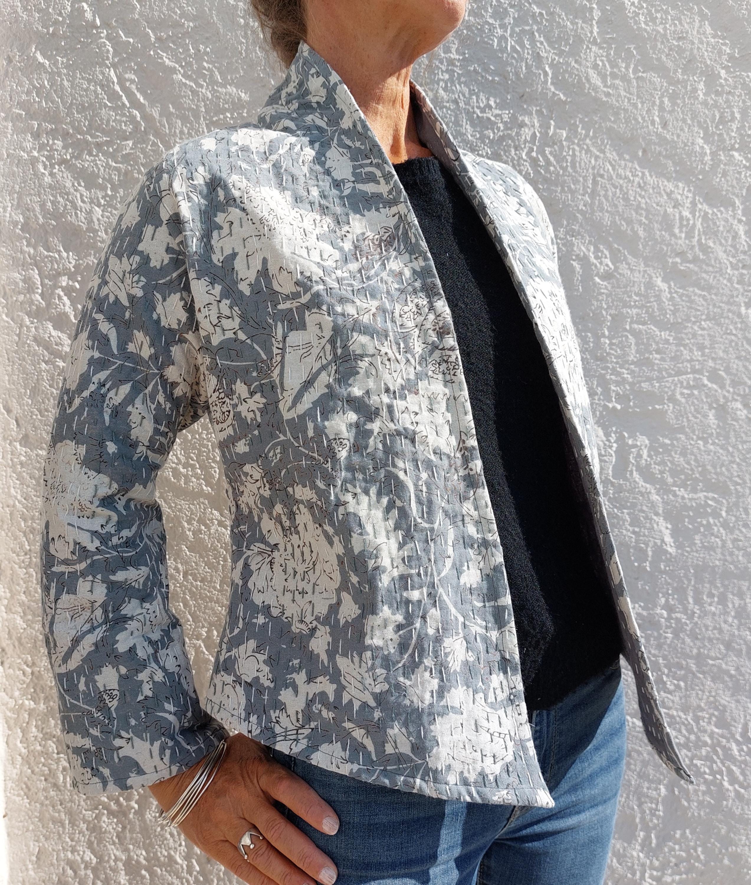 open jacket in cotton not quilted,kimono shape,mid-season cardigan,in the shades of greys,big flowers print,limited series,hand embroidery
