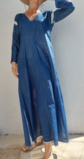 long kaftan dress in soft cotton, navy blue color, exclusive design, dark blue sequins lace finishing on sleeves
