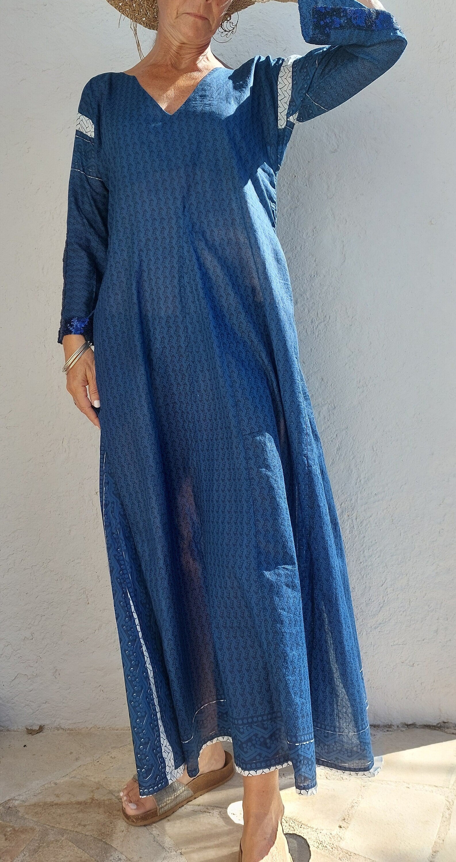 long kaftan dress in soft cotton, navy blue color, exclusive design, dark blue sequins lace finishing on sleeves