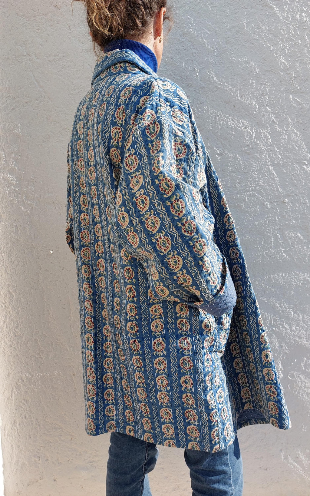 Unique Oversized Cotton Jacket – Blue Beige Paisley Print Coat, Hippie Chic Boho Jacket, Large Collar & Wide Sleeve Statement Jacket