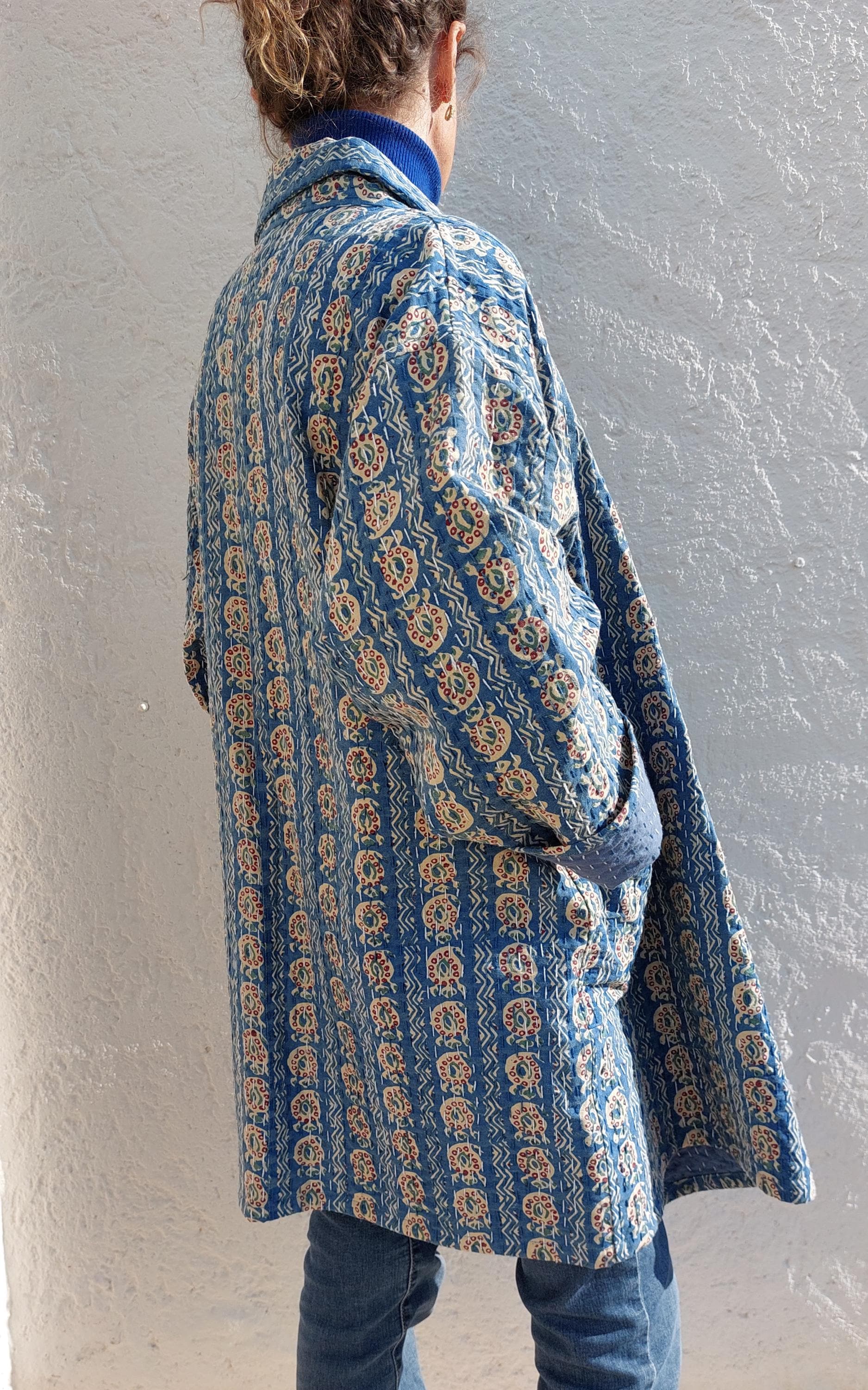 Unique Oversized Cotton Jacket – Blue Beige Paisley Print Coat, Hippie Chic Boho Jacket, Large Collar & Wide Sleeve Statement Jacket