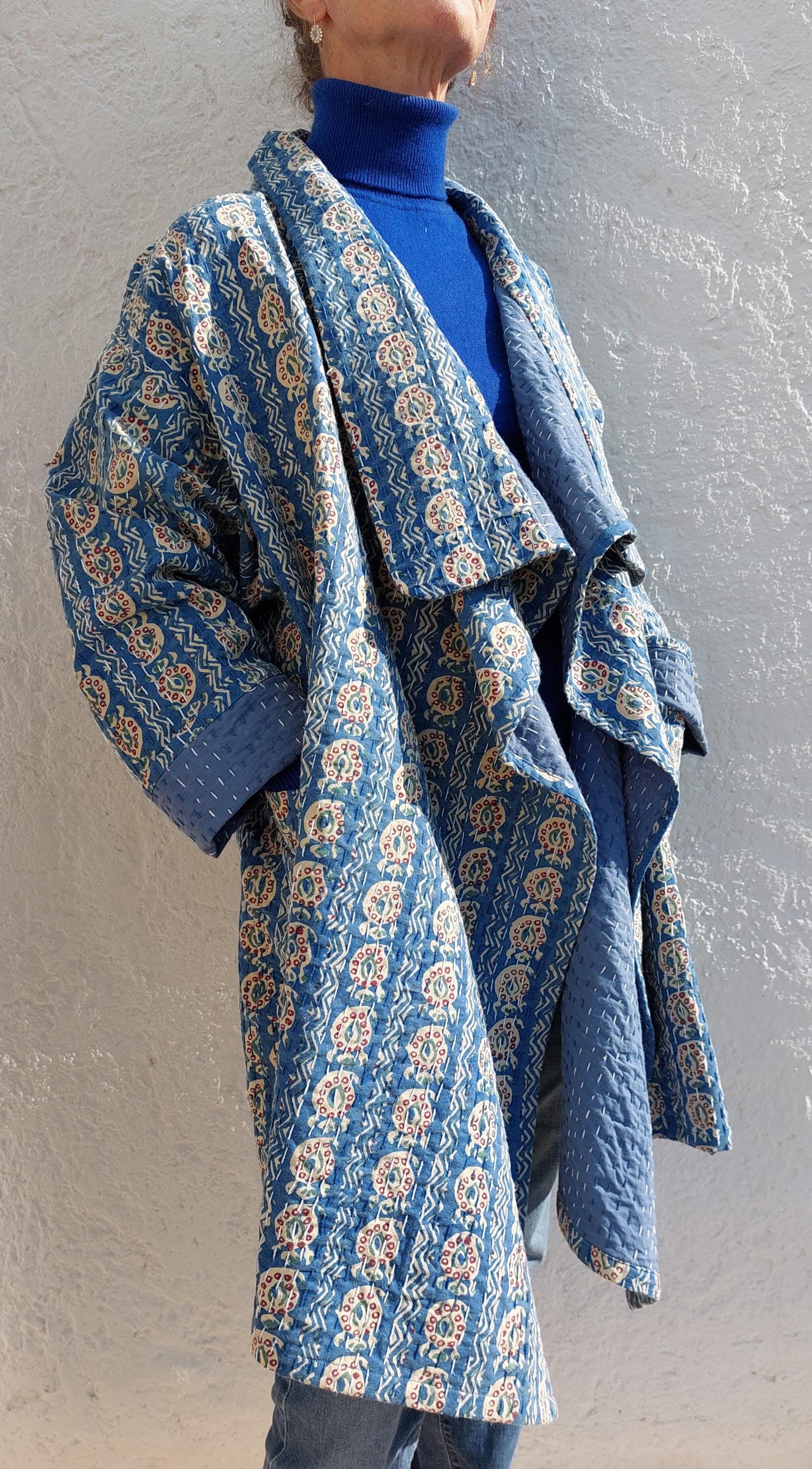 Unique Oversized Cotton Jacket – Blue Beige Paisley Print Coat, Hippie Chic Boho Jacket, Large Collar & Wide Sleeve Statement Jacket