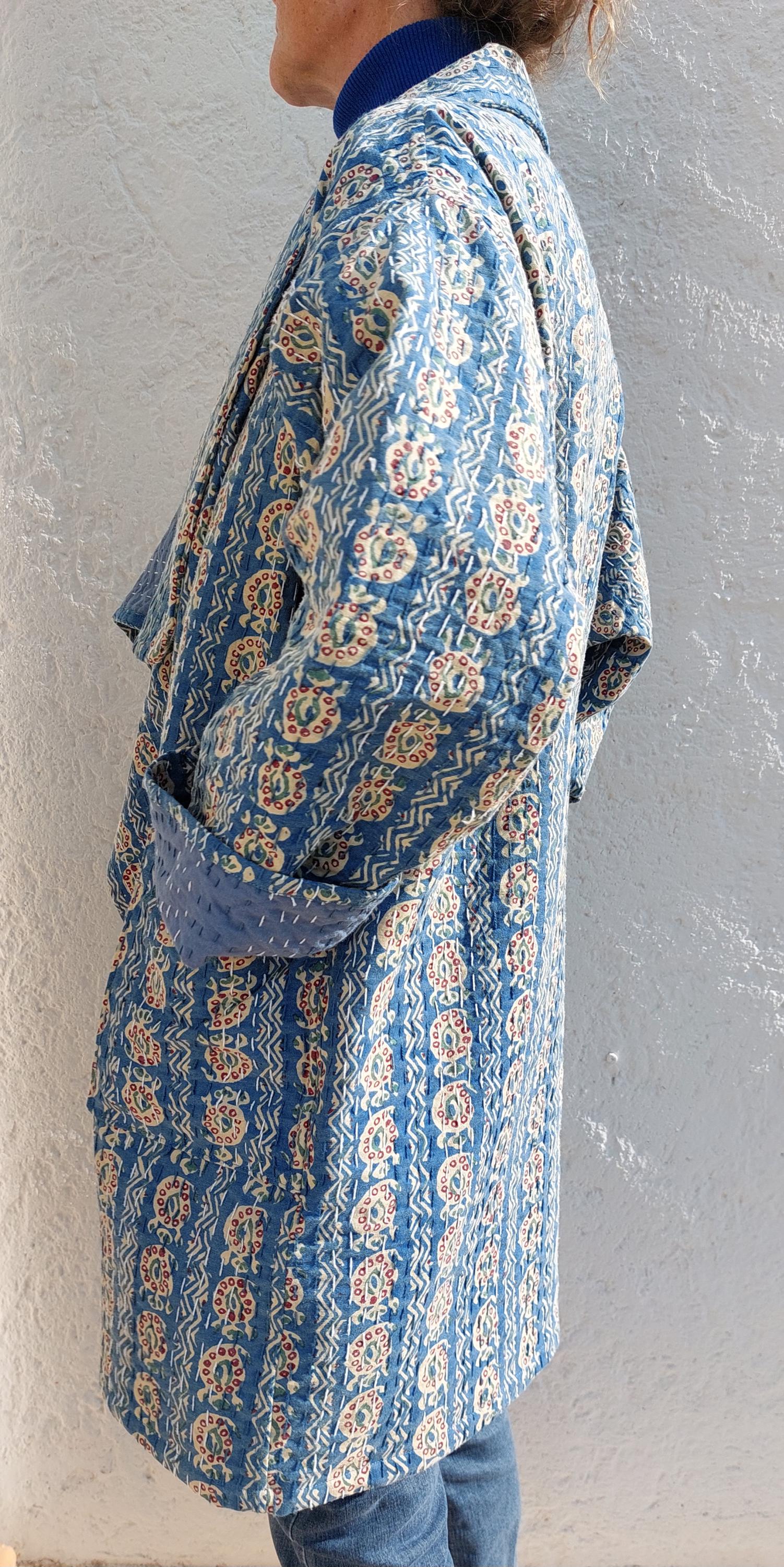 Unique Oversized Cotton Jacket – Blue Beige Paisley Print Coat, Hippie Chic Boho Jacket, Large Collar & Wide Sleeve Statement Jacket