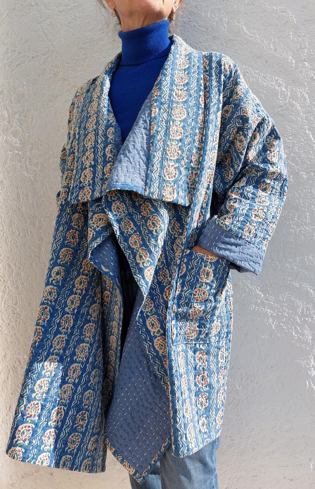 Unique Oversized Cotton Jacket – Blue Beige Paisley Print Coat, Hippie Chic Boho Jacket, Large Collar & Wide Sleeve Statement Jacket