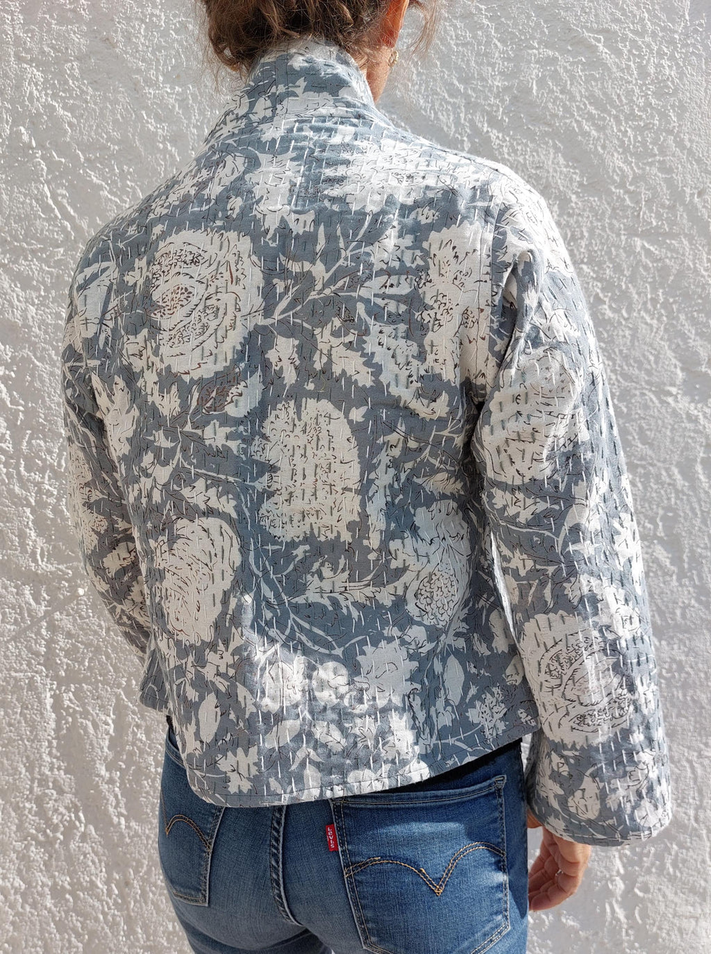 open jacket in cotton not quilted,kimono shape,mid-season cardigan,in the shades of greys,big flowers print,limited series,hand embroidery