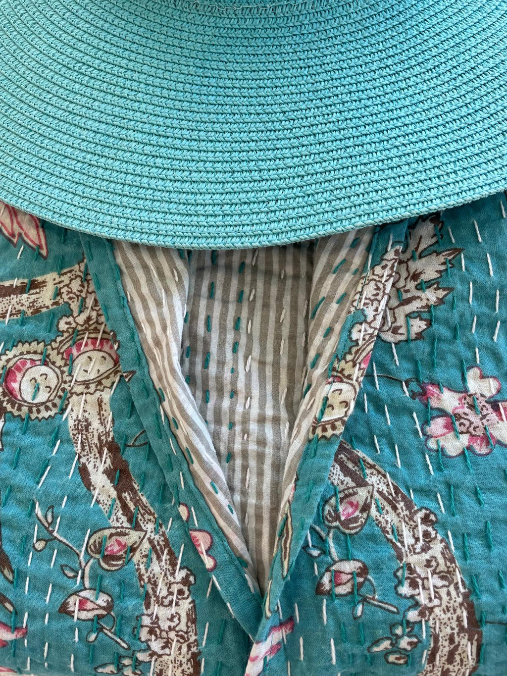 Turquoise Pink Floral Cotton Jacket, Kimono Style Summer Jacket, Lightweight Bohemian Layer, Striped Cotton Lining, Casual Chic Women’s Wear