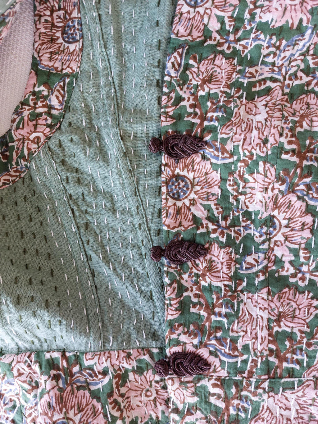 corset shape waistcoat in cotton not quilted,exclusive design,limited series,dark green & pink flowers pattern,brown brandeburg,hippie chic