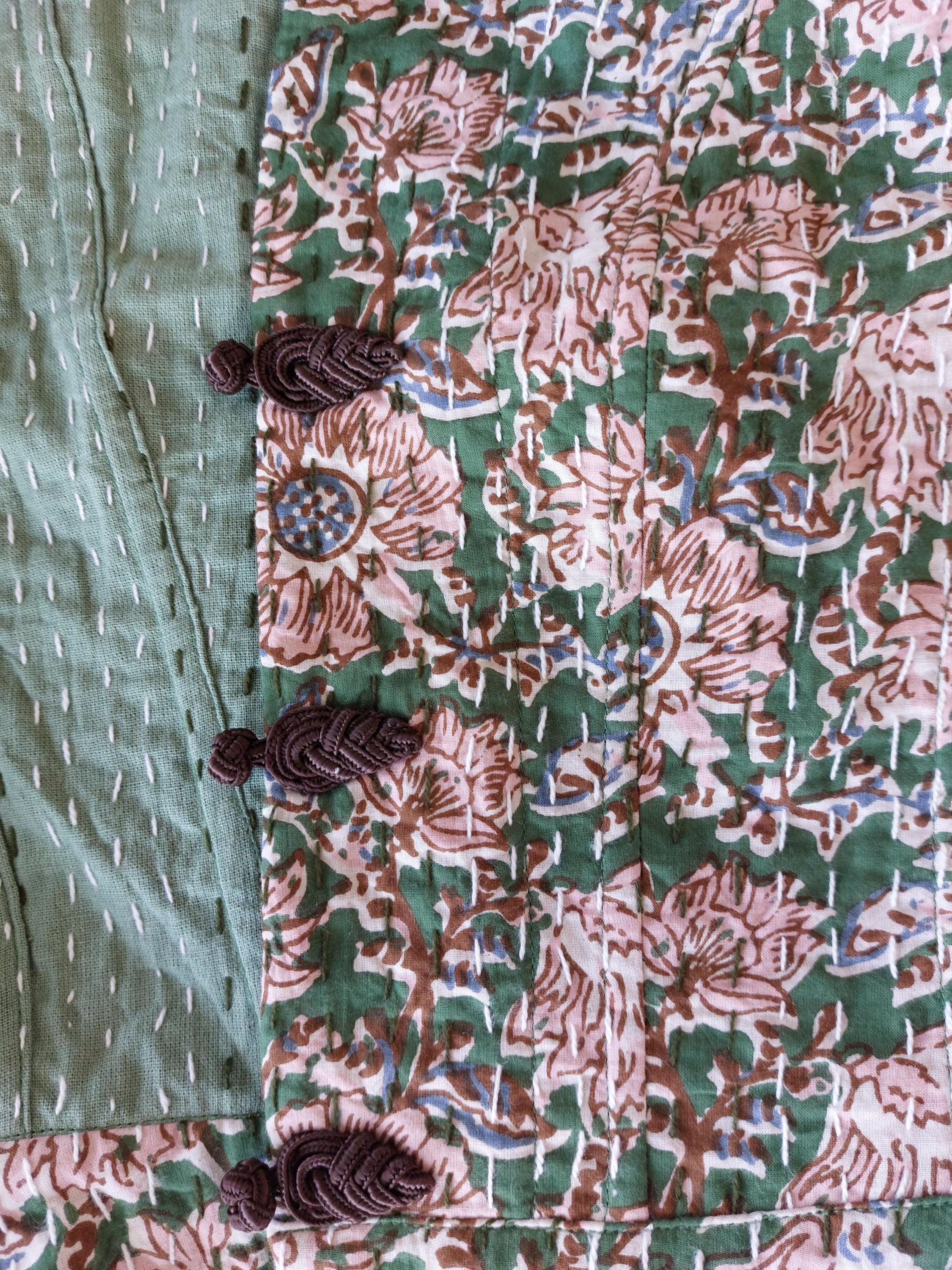corset shape waistcoat in cotton not quilted,exclusive design,limited series,dark green & pink flowers pattern,brown brandeburg,hippie chic