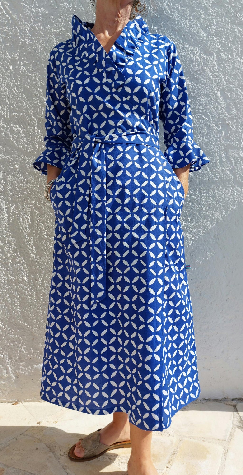 long wrap dress blue color, geometric pattern,ruffled collar,3/4 sleeves,boho chic outfit