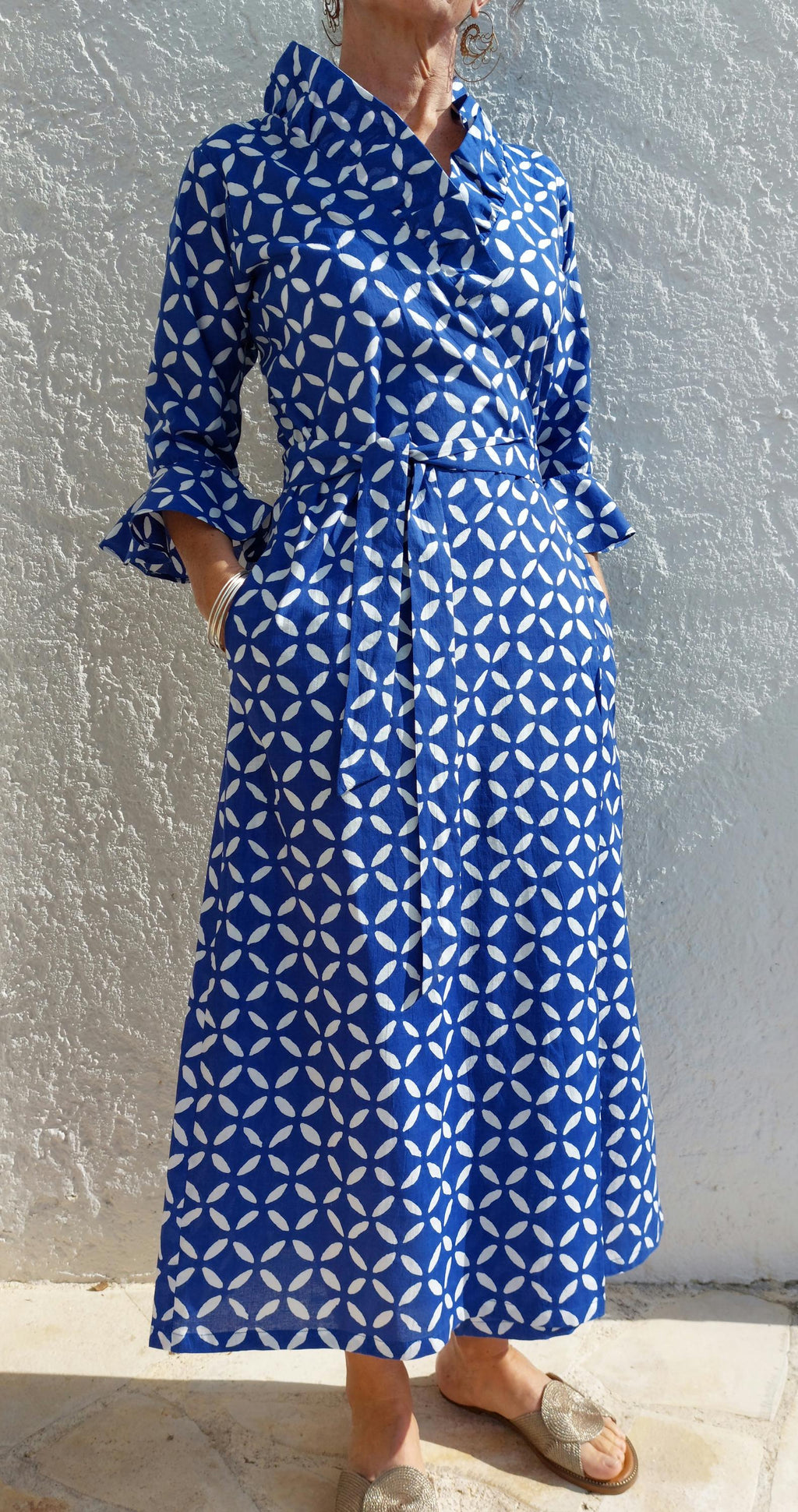 long wrap dress blue color, geometric pattern,ruffled collar,3/4 sleeves,boho chic outfit