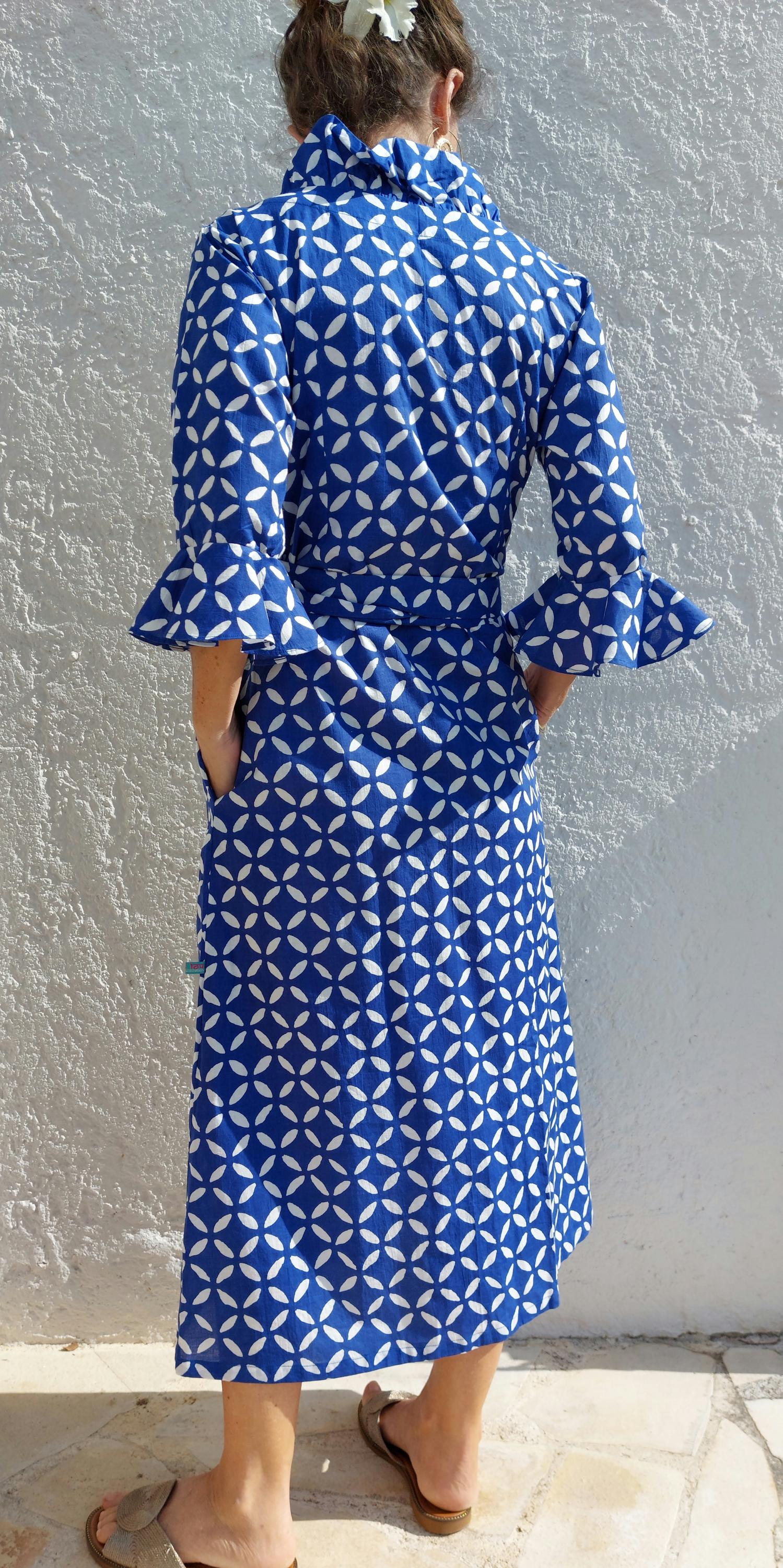 long wrap dress blue color, geometric pattern,ruffled collar,3/4 sleeves,boho chic outfit