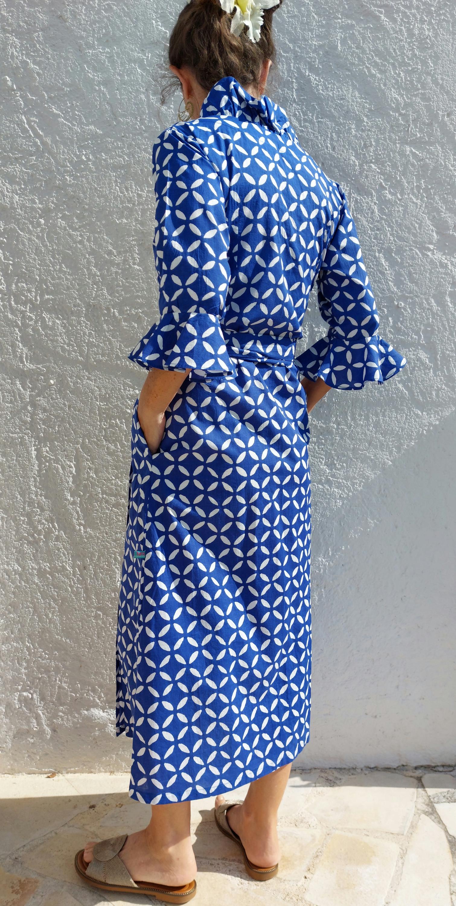 long wrap dress blue color, geometric pattern,ruffled collar,3/4 sleeves,boho chic outfit