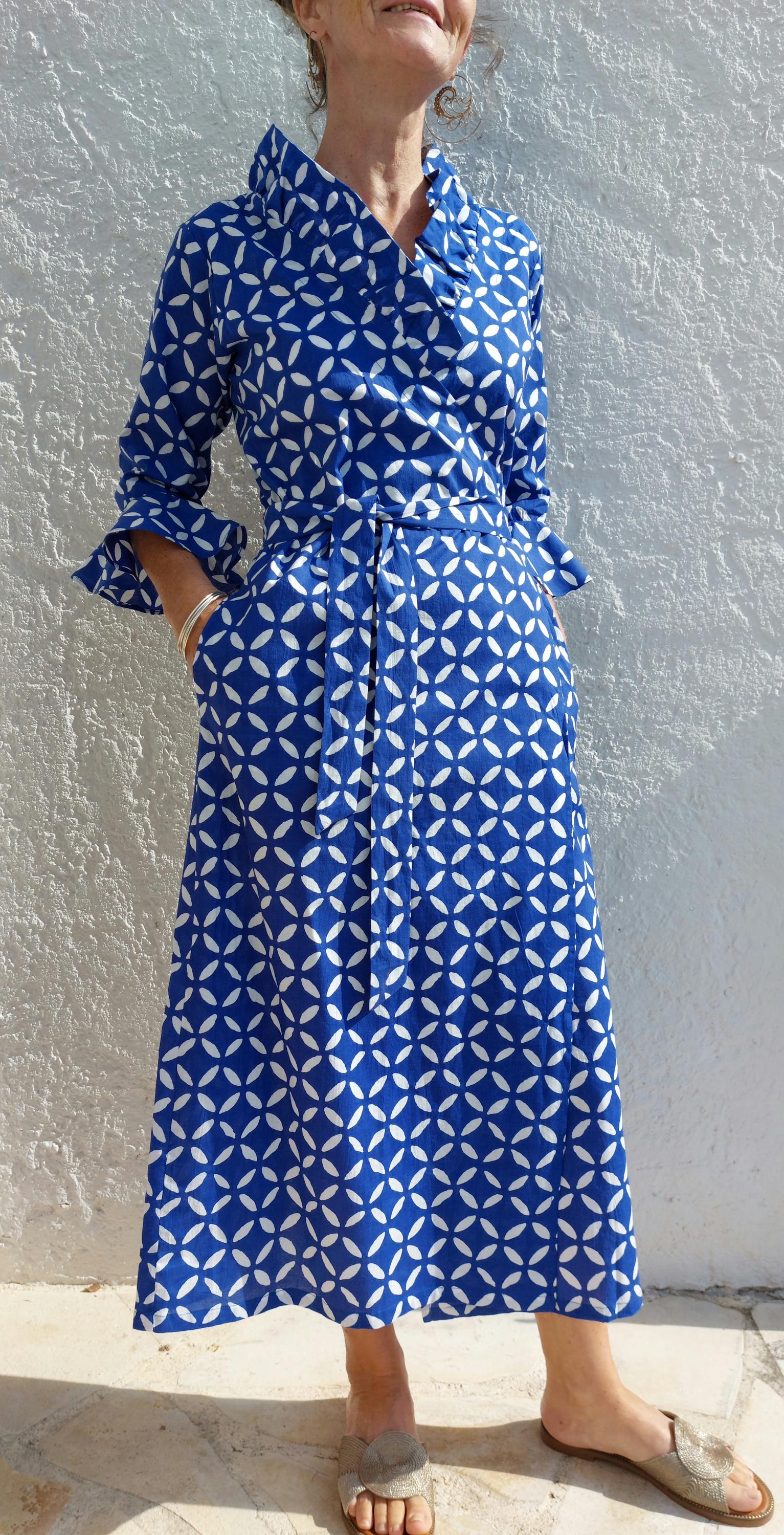 long wrap dress blue color, geometric pattern,ruffled collar,3/4 sleeves,boho chic outfit