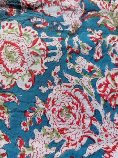 Turquoise Red Floral Cotton Maxi Dress, Hand Block Printed Long Summer Dress, Bohemian Chic Outfit, Lightweight Cotton Resort Wear
