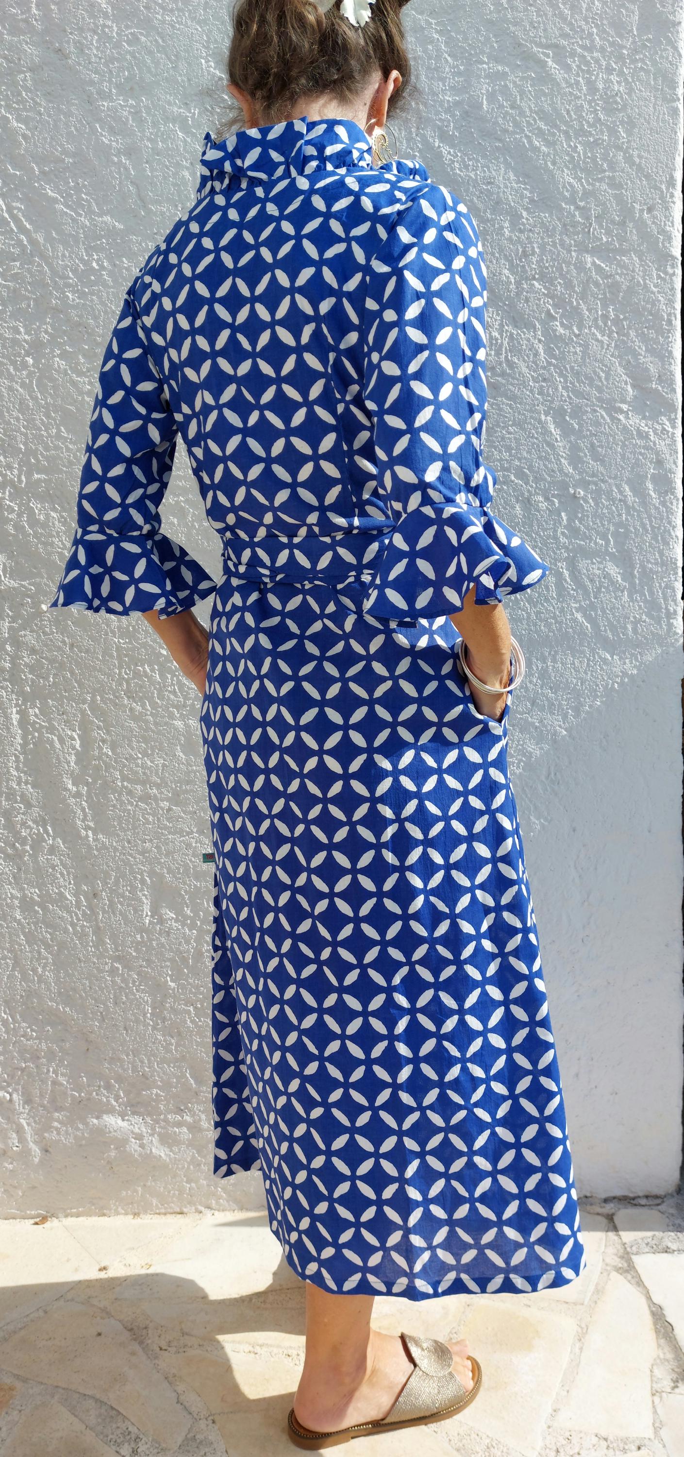 long wrap dress blue color, geometric pattern,ruffled collar,3/4 sleeves,boho chic outfit