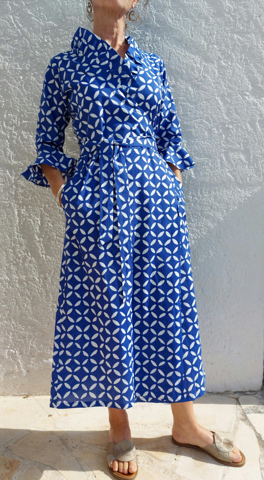long wrap dress blue color, geometric pattern,ruffled collar,3/4 sleeves,boho chic outfit