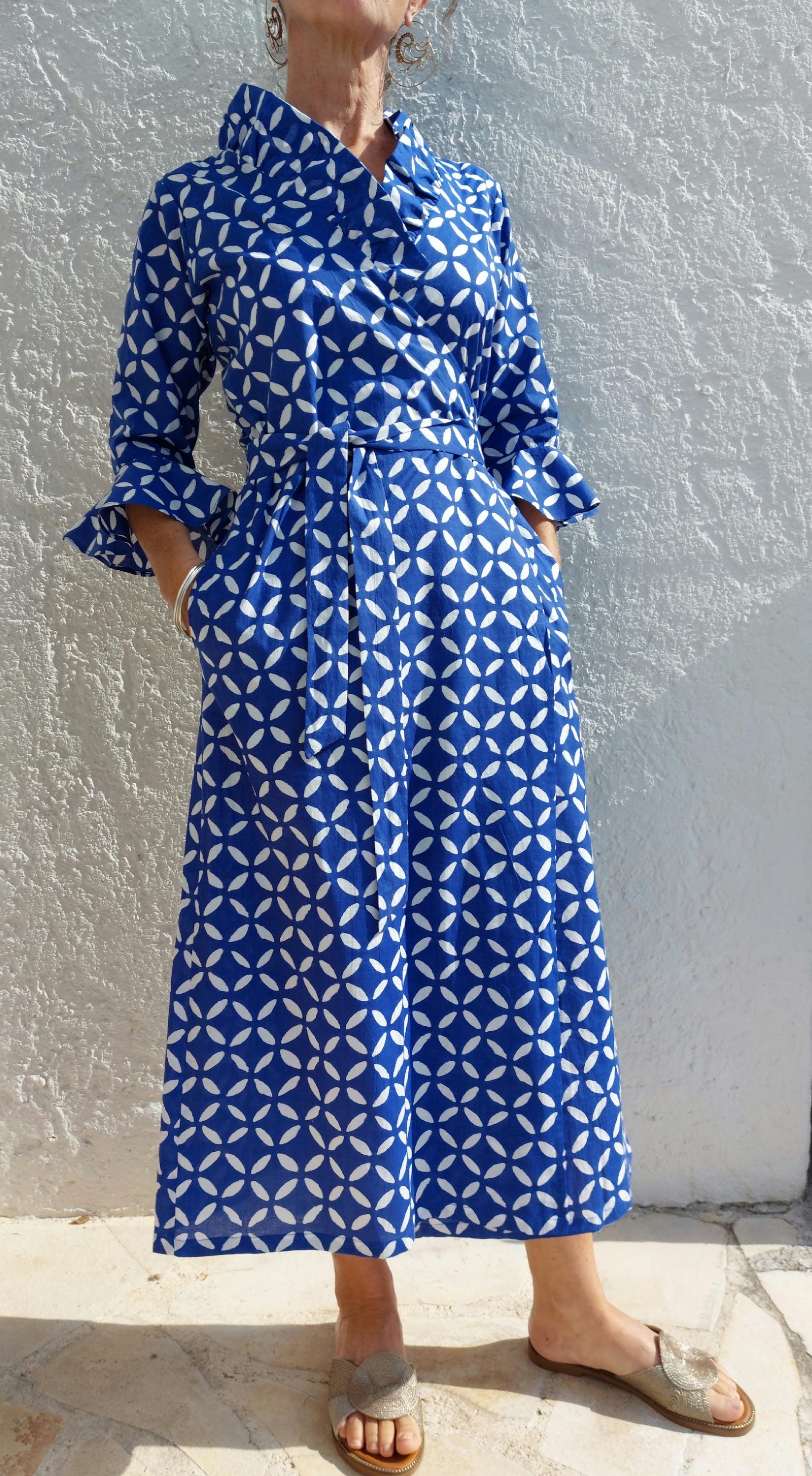 long wrap dress blue color, geometric pattern,ruffled collar,3/4 sleeves,boho chic outfit