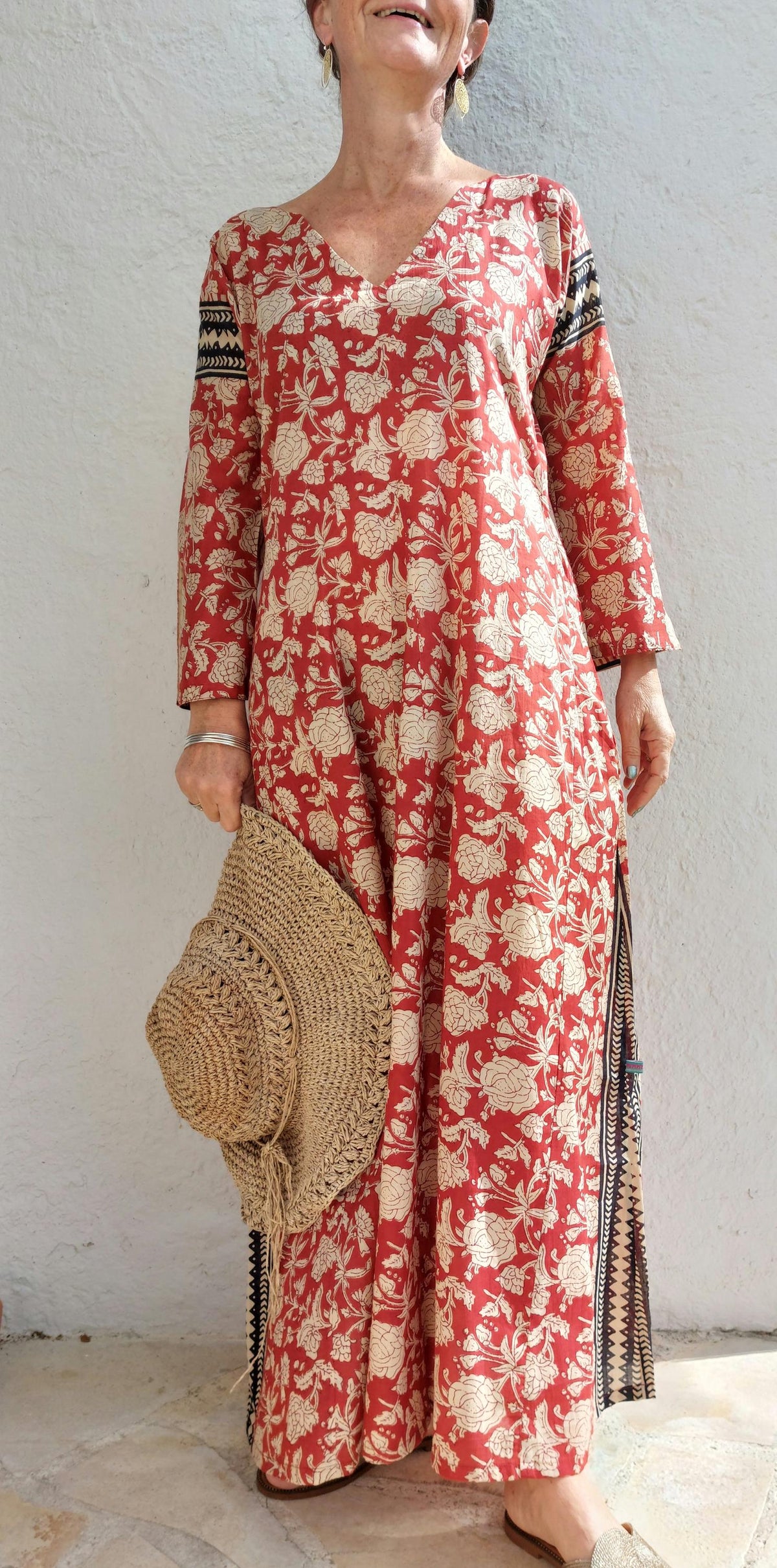Long rust and beige floral cotton kaftan