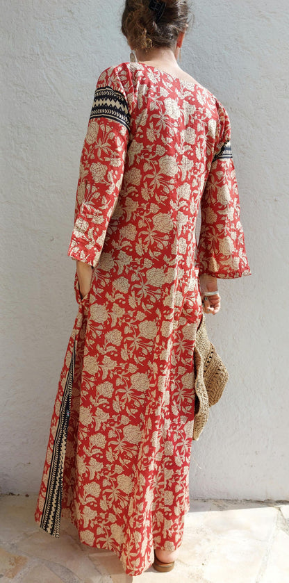 Long rust and beige floral cotton kaftan