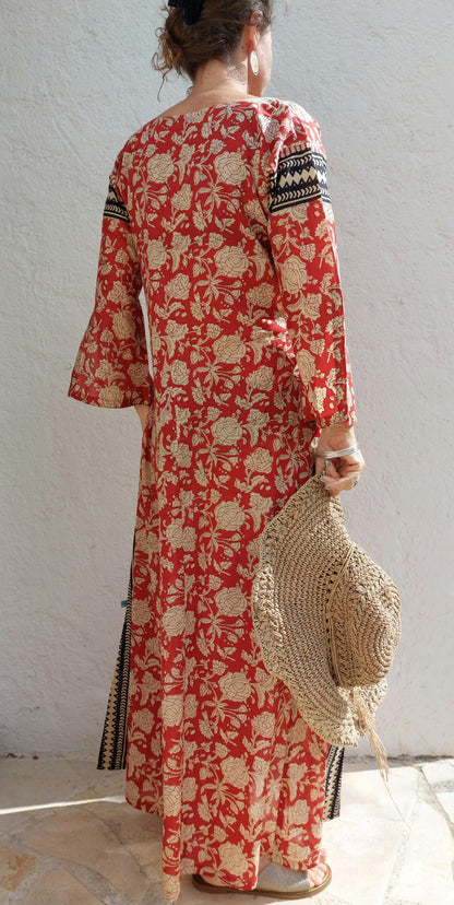 Long rust and beige floral cotton kaftan
